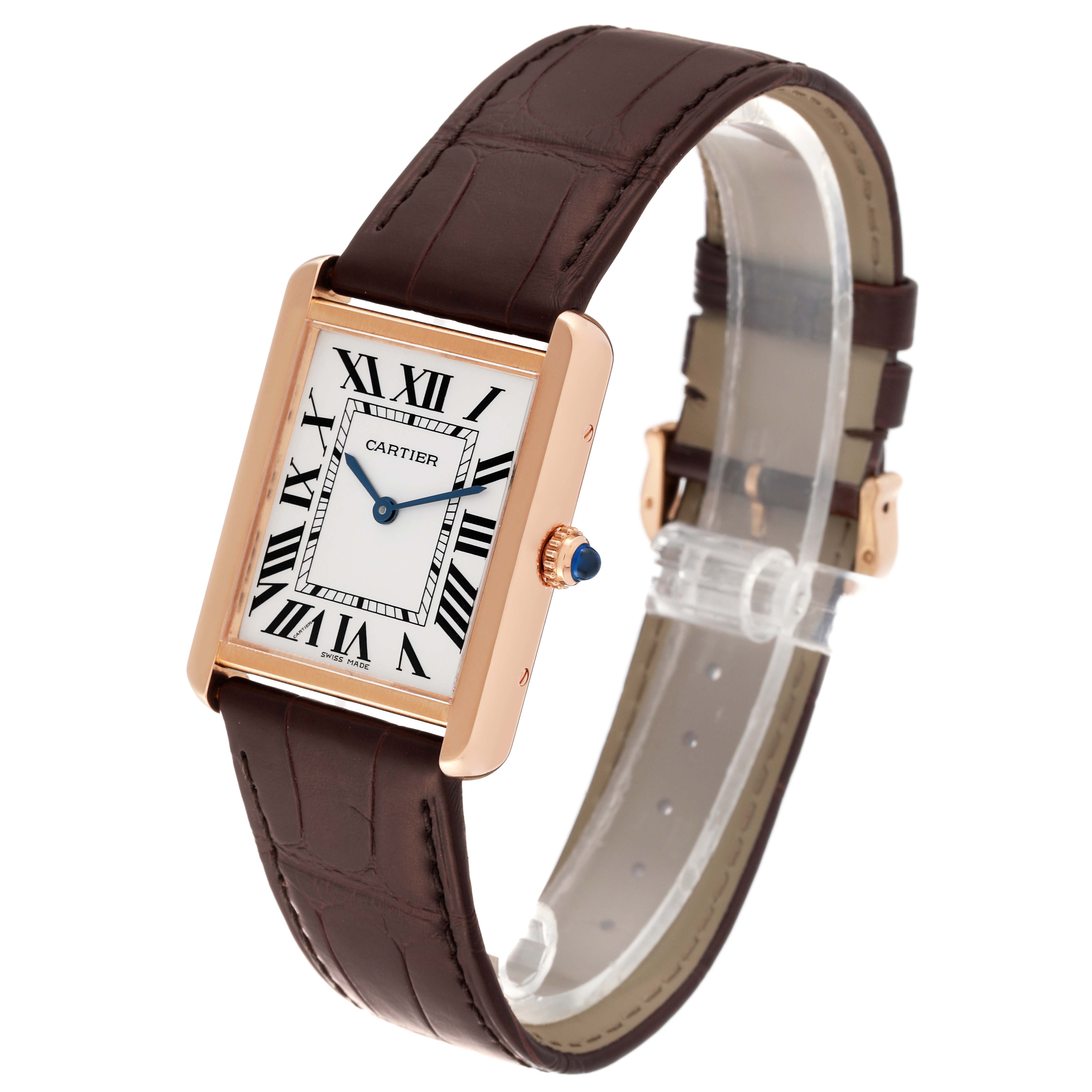 The image shows a Cartier Tank Solo W5200025 Men
s Steel and Gold (two tone) Silver Dial W5200025 Men
s Steel and Gold (two tone) Silver Dial watch at a front angle, highlighting the face, case, and brown leather strap.