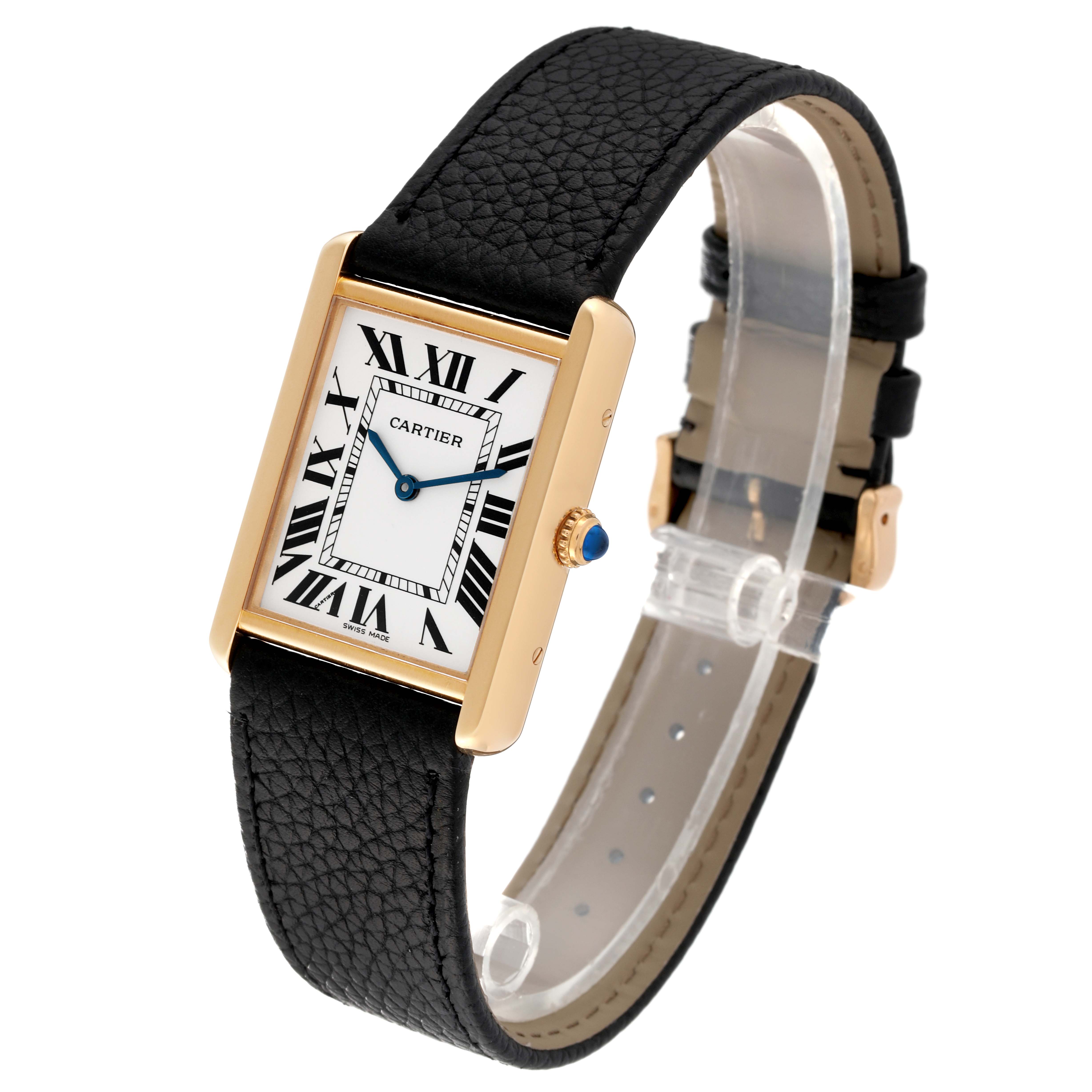 The Cartier Tank Solo W5200004 Men
s Steel and Gold (two tone) Silver Dial W5200004 Men
s Steel and Gold (two tone) Silver Dial watch is shown at a slight angle, highlighting its rectangular face, Roman numerals, and black leather strap.