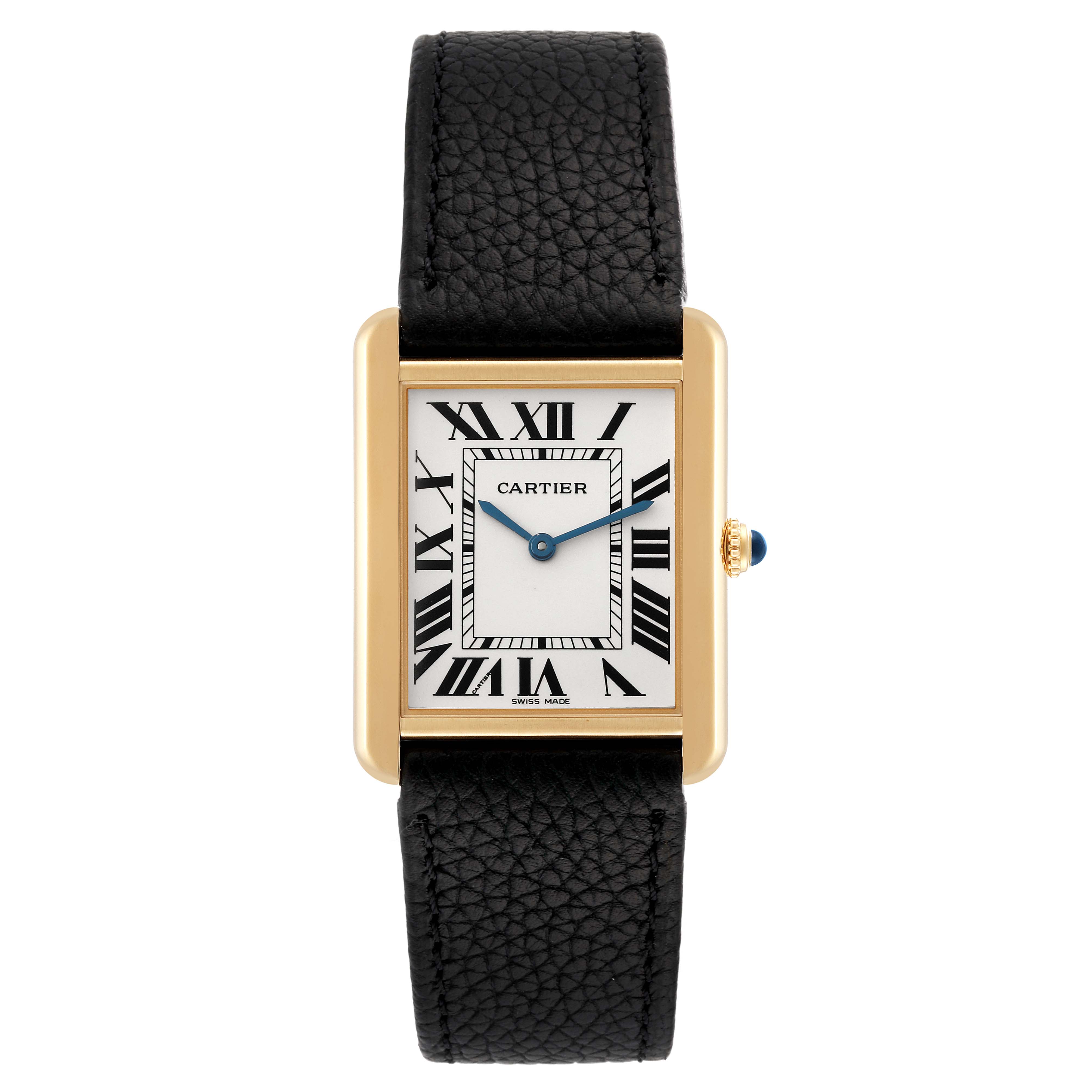 This image shows a Cartier Tank Solo W5200004 Men
s Steel and Gold (two tone) Silver Dial W5200004 Men
s Steel and Gold (two tone) Silver Dial watch, front view, highlighting its rectangular dial with Roman numerals and a black leather strap.
