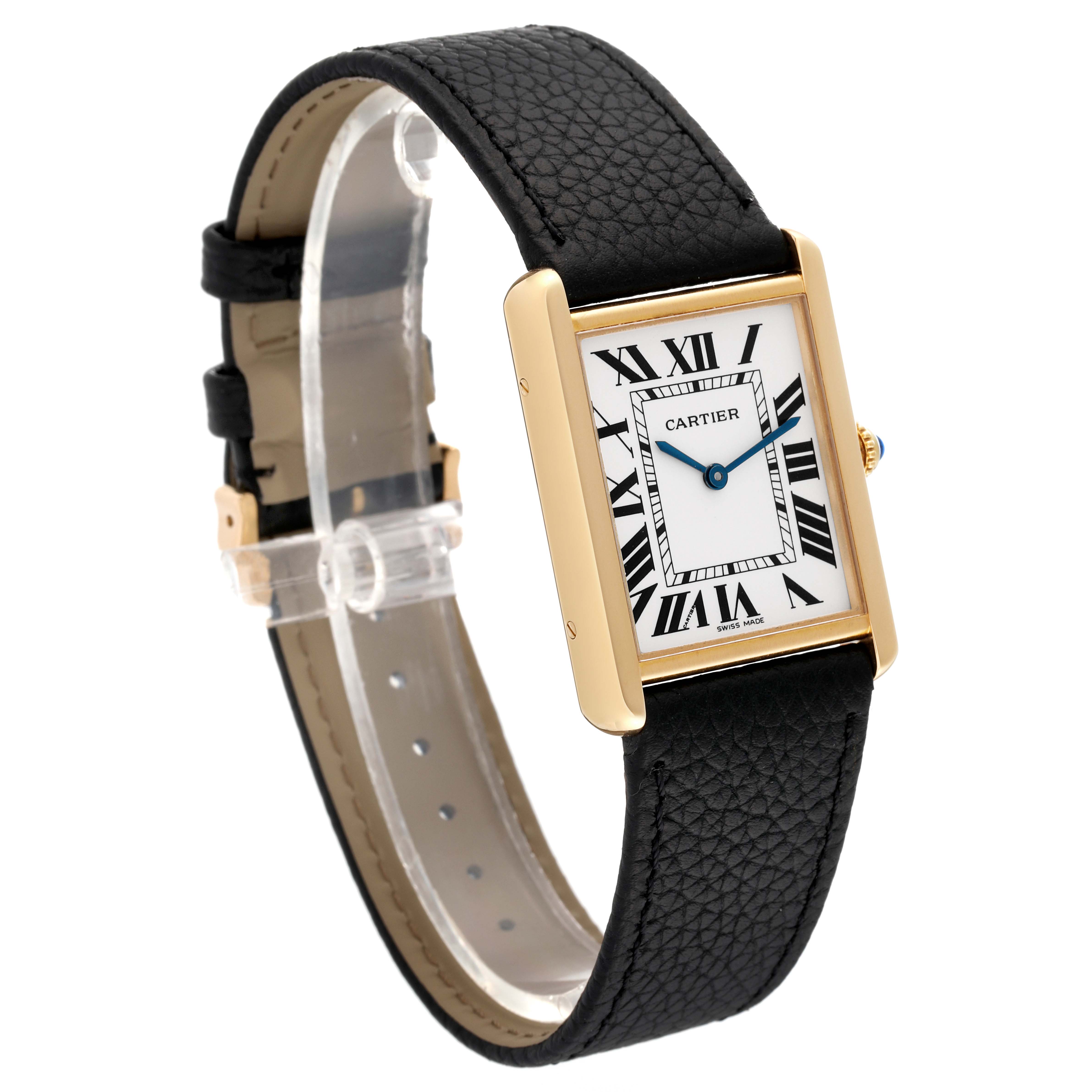 This Cartier Tank Solo W5200004 Men
s Steel and Gold (two tone) Silver Dial W5200004 Men
s Steel and Gold (two tone) Silver Dial watch is shown at an angle highlighting its rectangular gold case, black leather strap, and Roman numeral dial.