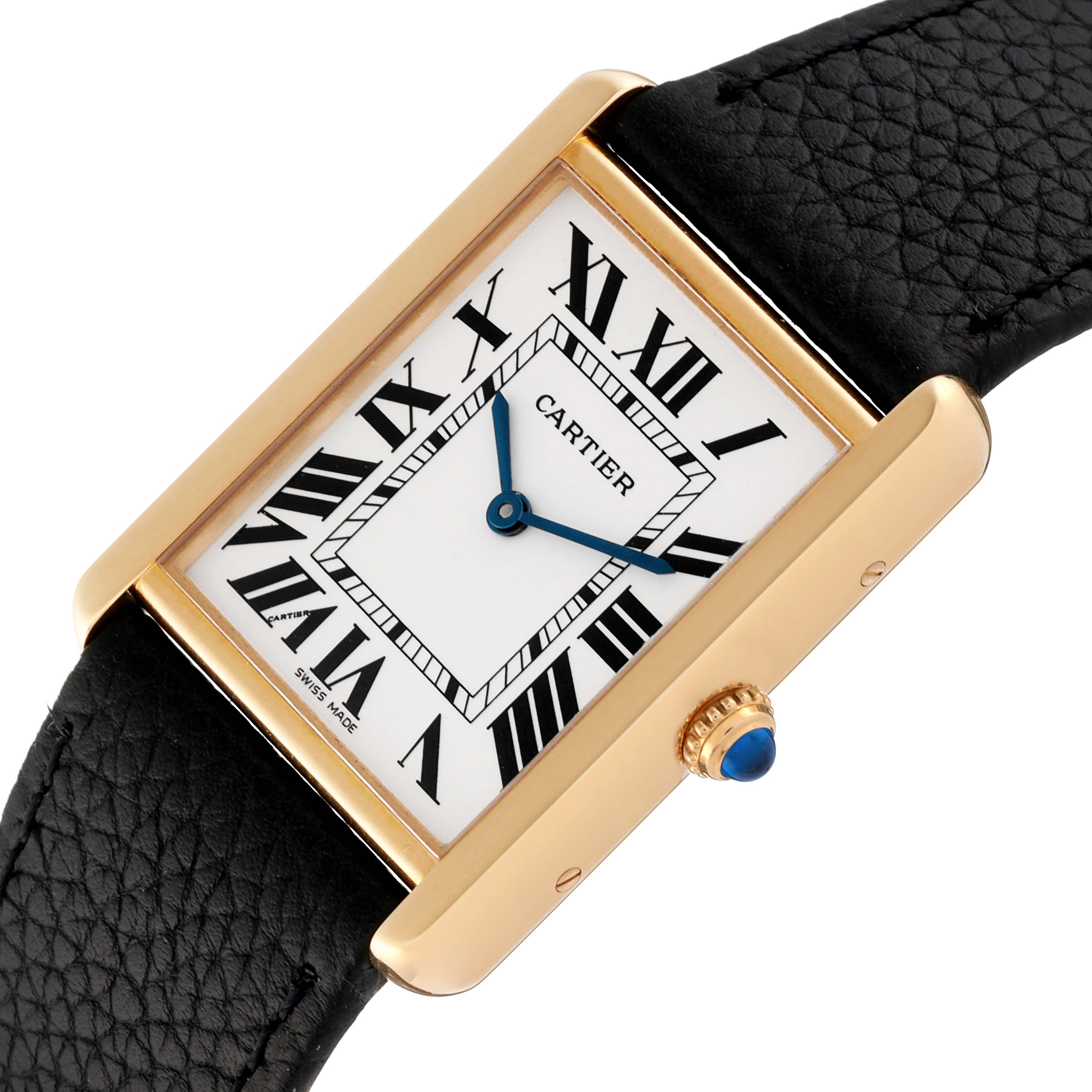 The image shows a Cartier Tank Solo W5200004 Men
s Steel and Gold (two tone) Silver Dial W5200004 Men
s Steel and Gold (two tone) Silver Dial watch from an angled view, highlighting its rectangular case, Roman numeral dial, and crown with a blue cabochon.