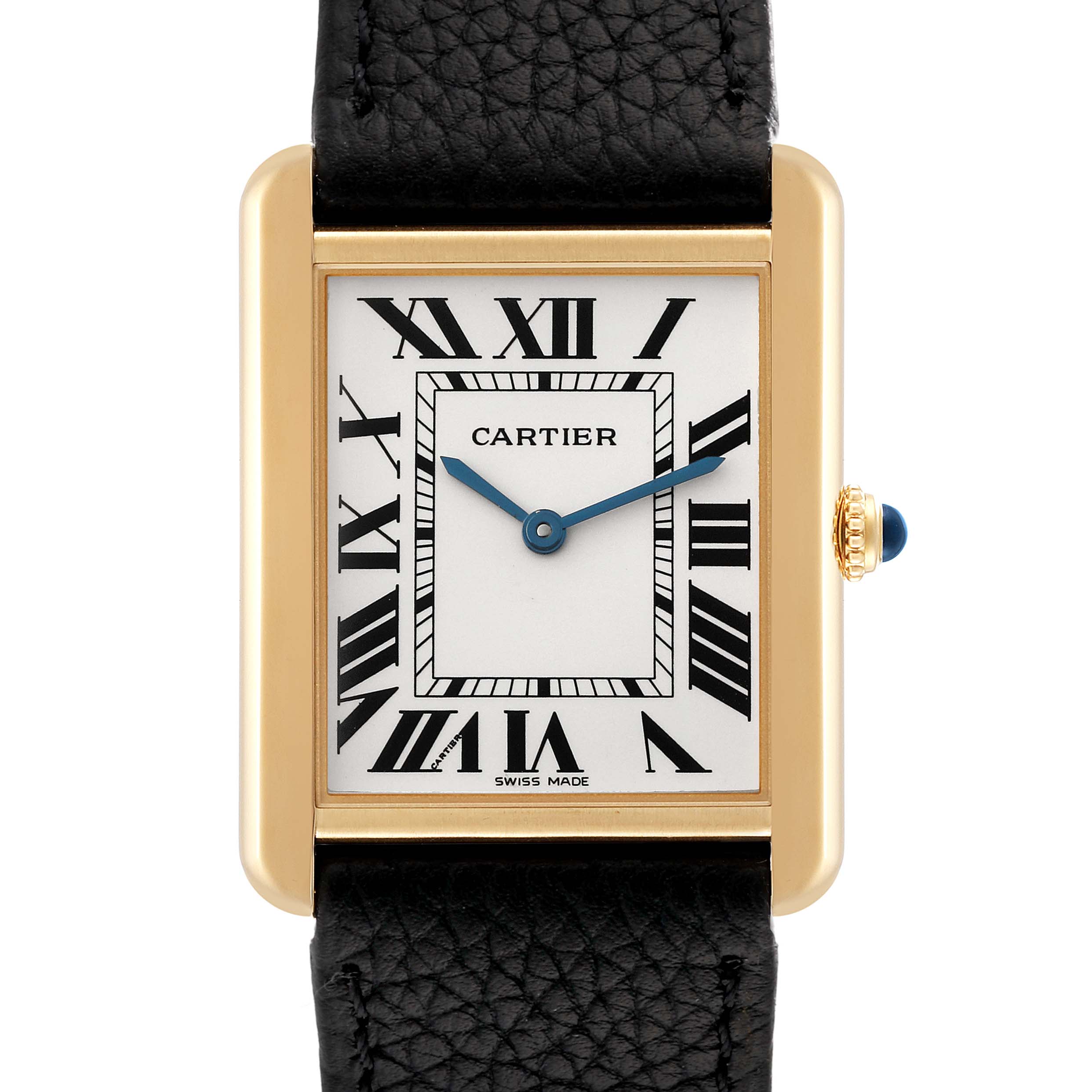 The image shows a frontal view of the Cartier Tank Solo W5200004 Men
s Steel and Gold (two tone) Silver Dial W5200004 Men
s Steel and Gold (two tone) Silver Dial watch, highlighting its face, Roman numerals, and black leather strap.