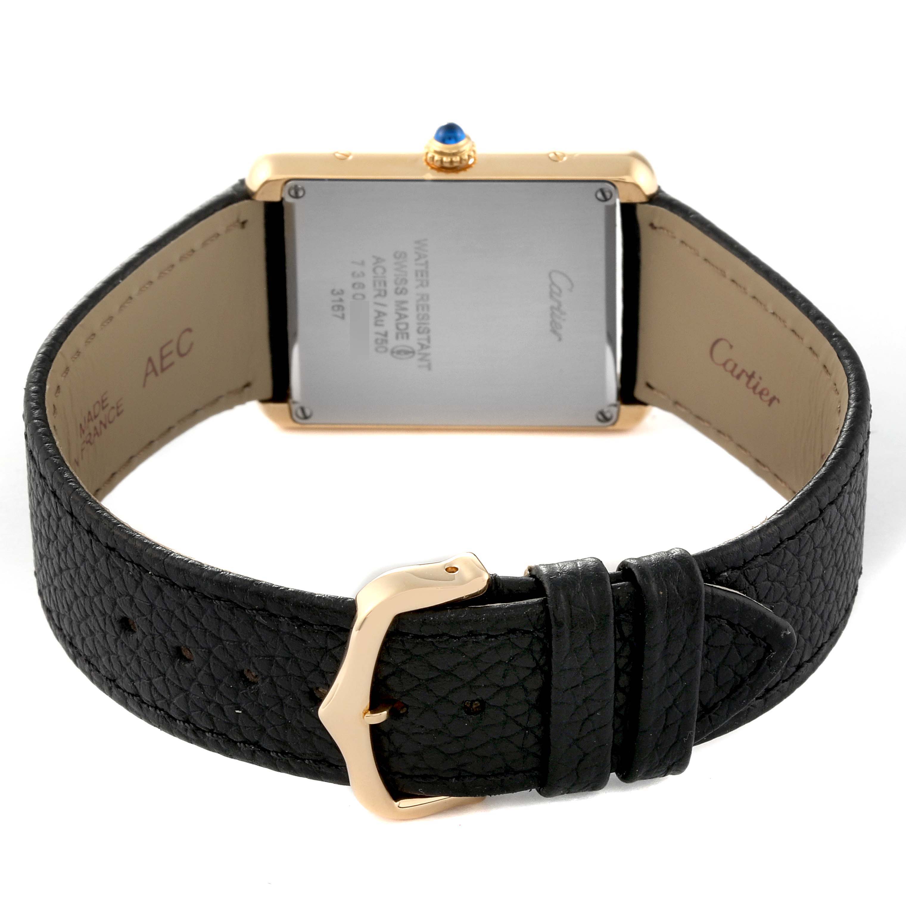 The image shows the back view of a Cartier Tank Solo W5200004 Men
s Steel and Gold (two tone) Silver Dial W5200004 Men
s Steel and Gold (two tone) Silver Dial watch, highlighting its caseback, crown, and black leather strap with buckle.