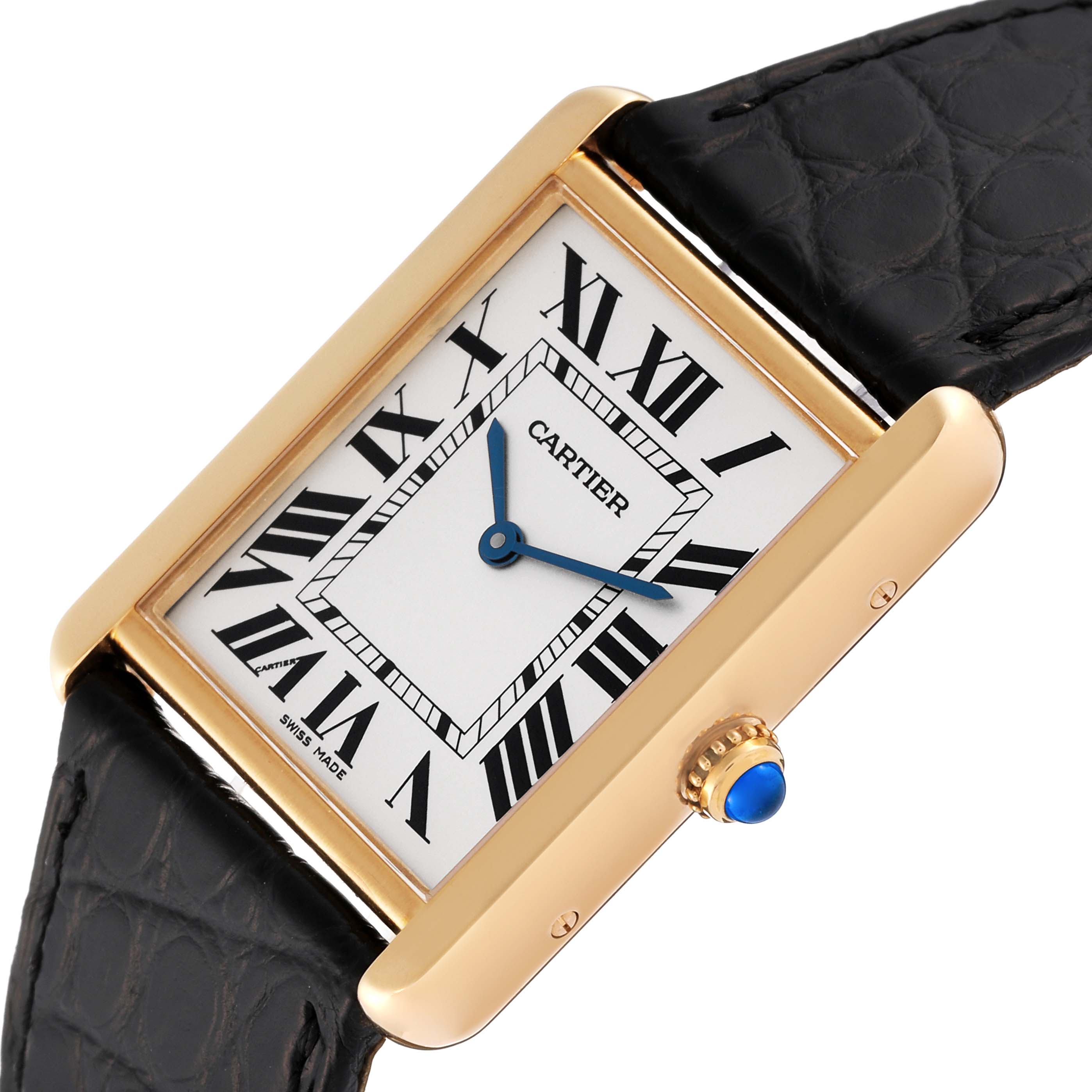 The image shows a close-up angled view of the Cartier Tank Solo W1018855 Men
s Steel and Gold (two tone) Silver Dial W1018855 Men
s Steel and Gold (two tone) Silver Dial model watch, including the dial, case, crown, and part of the strap.