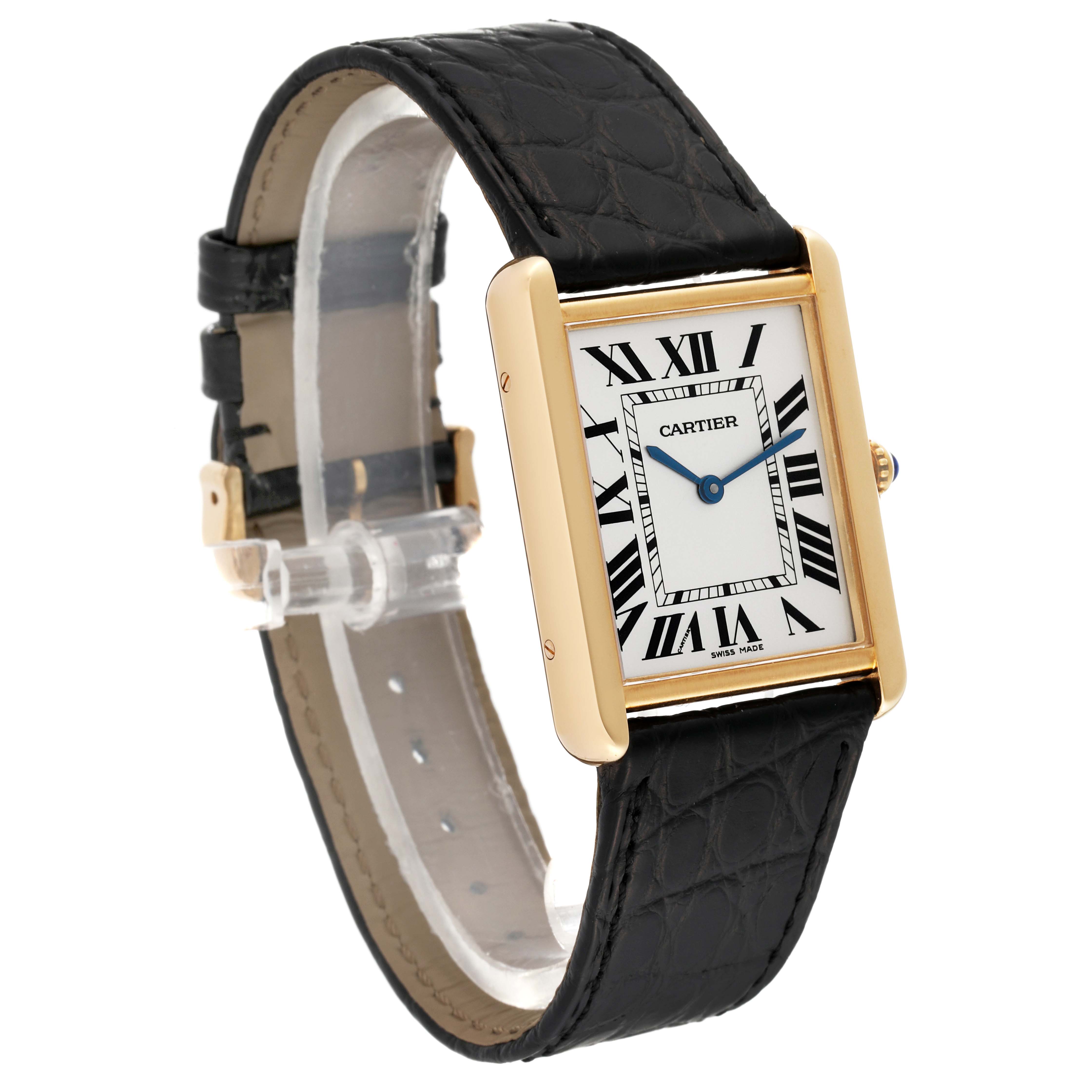 The Cartier Tank Solo W1018855 Men
s Steel and Gold (two tone) Silver Dial W1018855 Men
s Steel and Gold (two tone) Silver Dial watch is shown at an angle highlighting the rectangular dial, black leather strap, and gold case.