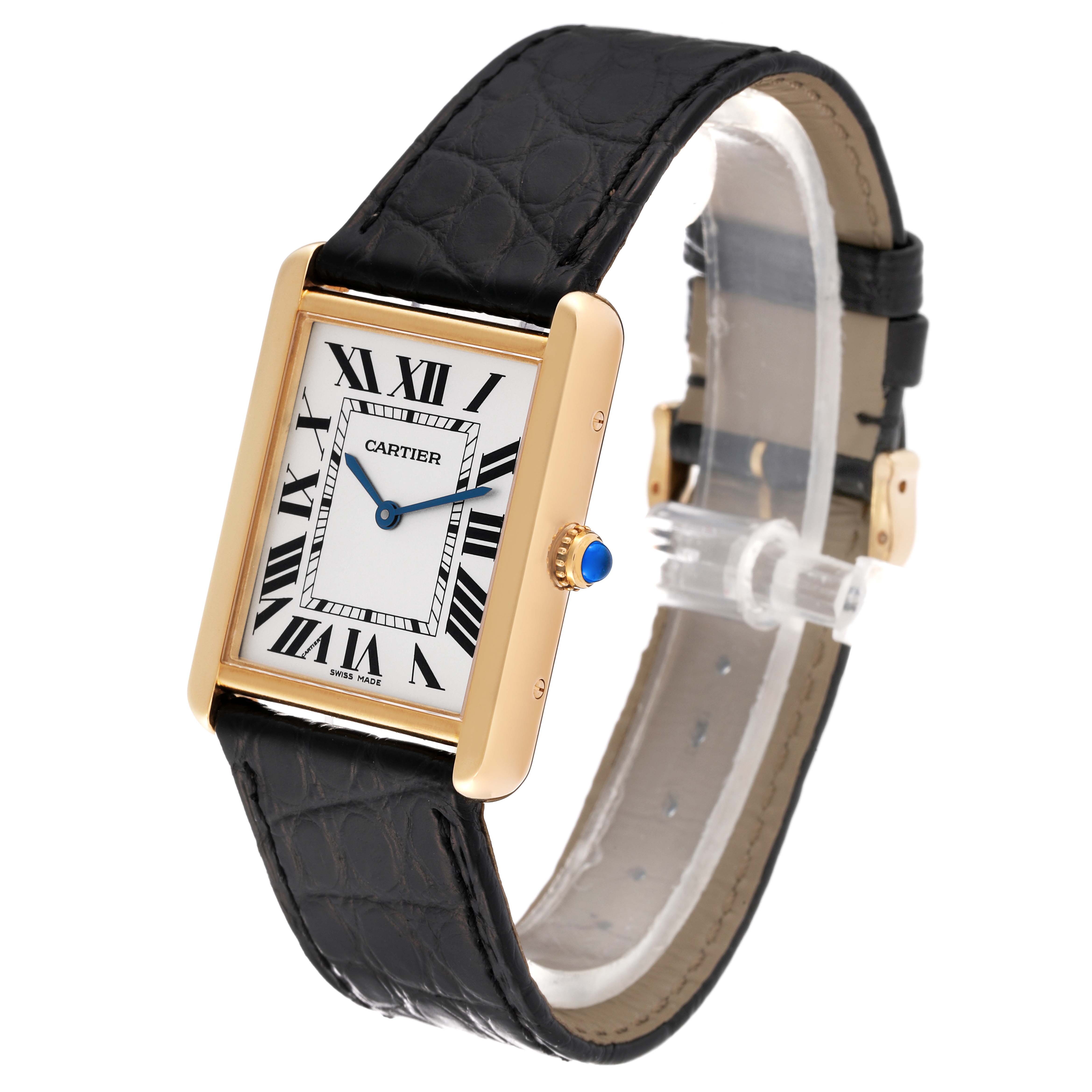 The Cartier Tank Solo W1018855 Men
s Steel and Gold (two tone) Silver Dial W1018855 Men
s Steel and Gold (two tone) Silver Dial watch is shown at an angled view highlighting its rectangular face, Roman numeral dial, and black leather strap.