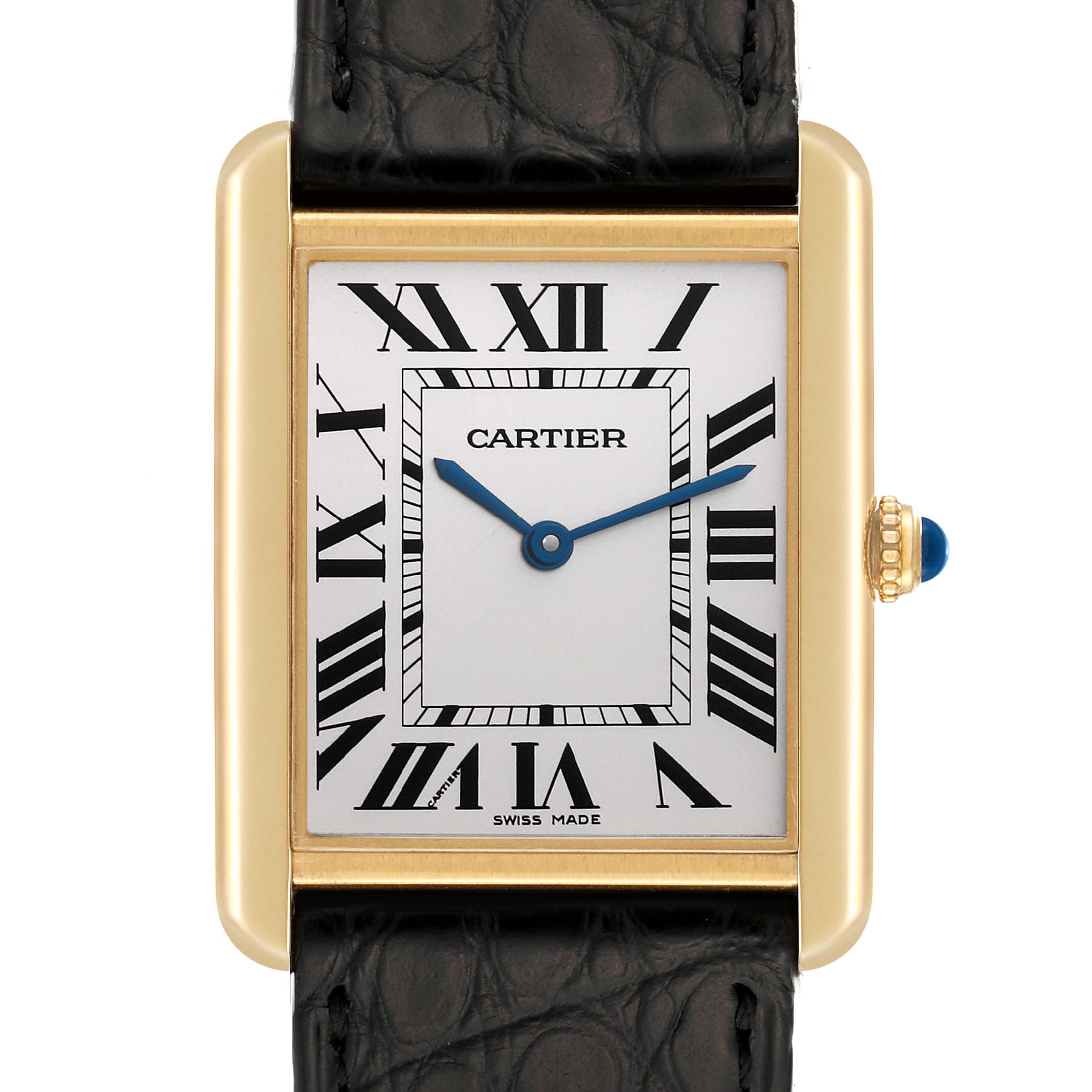 This image shows a front view of the Cartier Tank Solo W1018855 Men
s Steel and Gold (two tone) Silver Dial W1018855 Men
s Steel and Gold (two tone) Silver Dial watch, highlighting its dial, Roman numerals, blue hands, and leather strap.