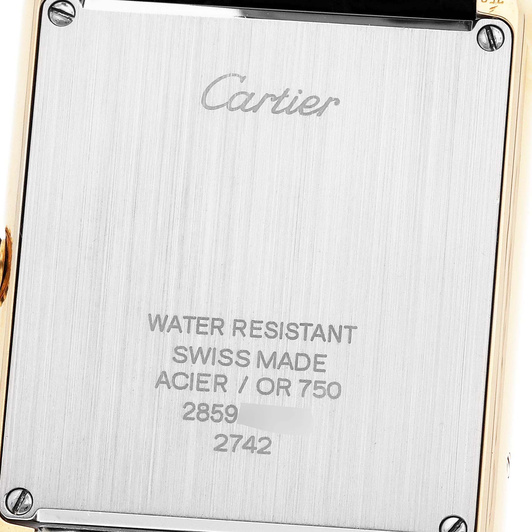 The image shows the back case of a Cartier Tank Solo W1018855 Men
s Steel and Gold (two tone) Silver Dial W1018855 Men
s Steel and Gold (two tone) Silver Dial watch, highlighting its water resistance and material details.