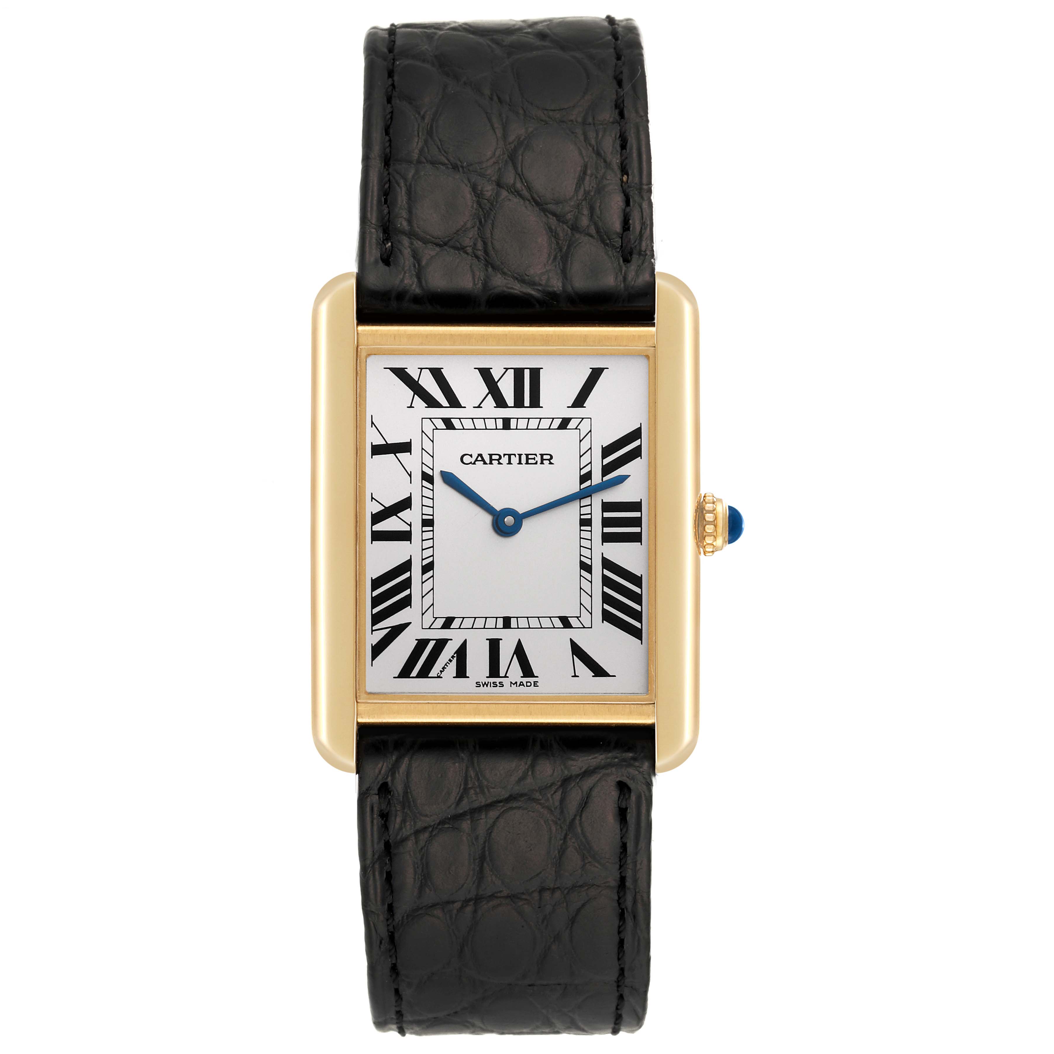 The Cartier Tank Solo W1018855 Men
s Steel and Gold (two tone) Silver Dial W1018855 Men
s Steel and Gold (two tone) Silver Dial watch is shown from a top-down angle, displaying its face, Roman numerals, and black leather strap.