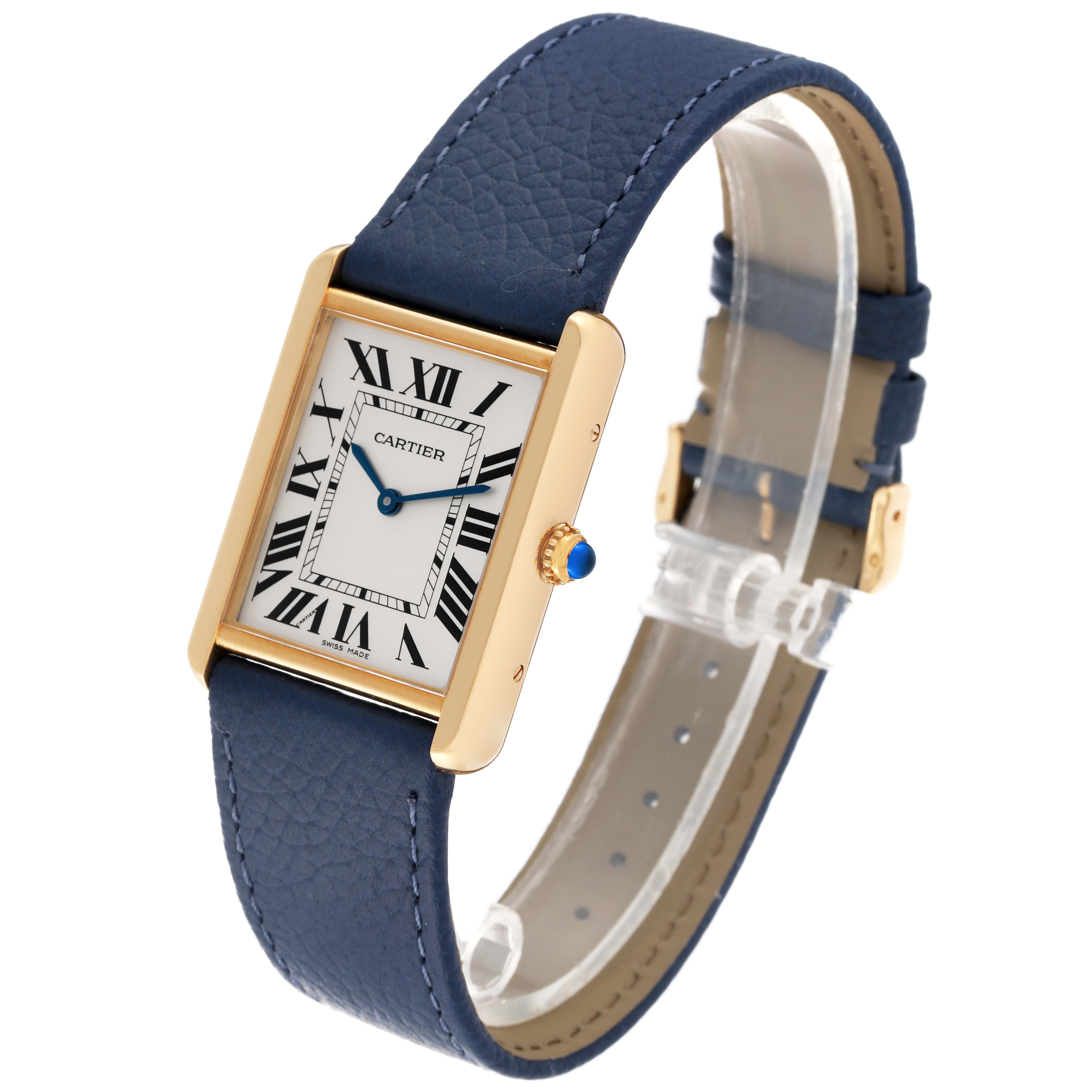 The image shows a Cartier Tank Solo W1018855 Men
s Steel and Gold (two tone) Silver Dial W1018855 Men
s Steel and Gold (two tone) Silver Dial watch at a slight angle, highlighting its rectangular dial and blue leather strap.