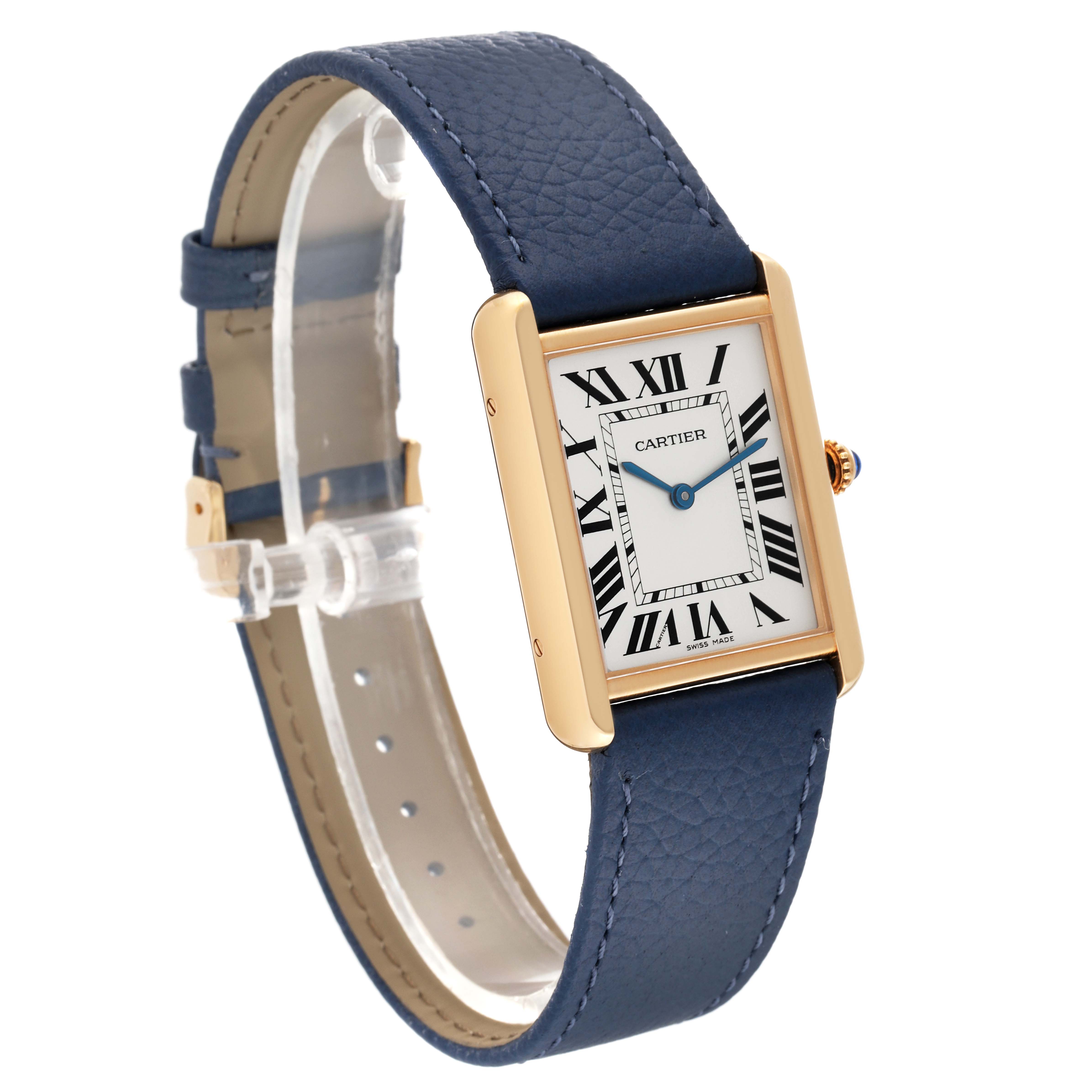 The Tank Solo model by Cartier is shown at a slight angle displaying the face, bezel, and blue strap.