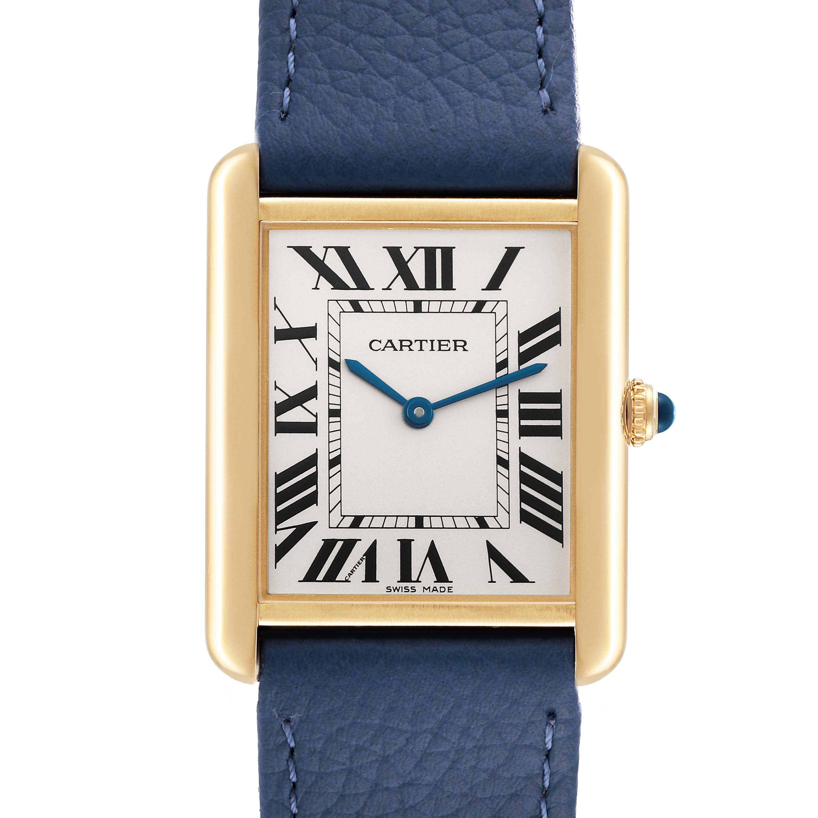 The image shows a front view of a Cartier Tank Solo W1018855 Men
s Steel and Gold (two tone) Silver Dial W1018855 Men
s Steel and Gold (two tone) Silver Dial watch with a blue leather strap and gold case.