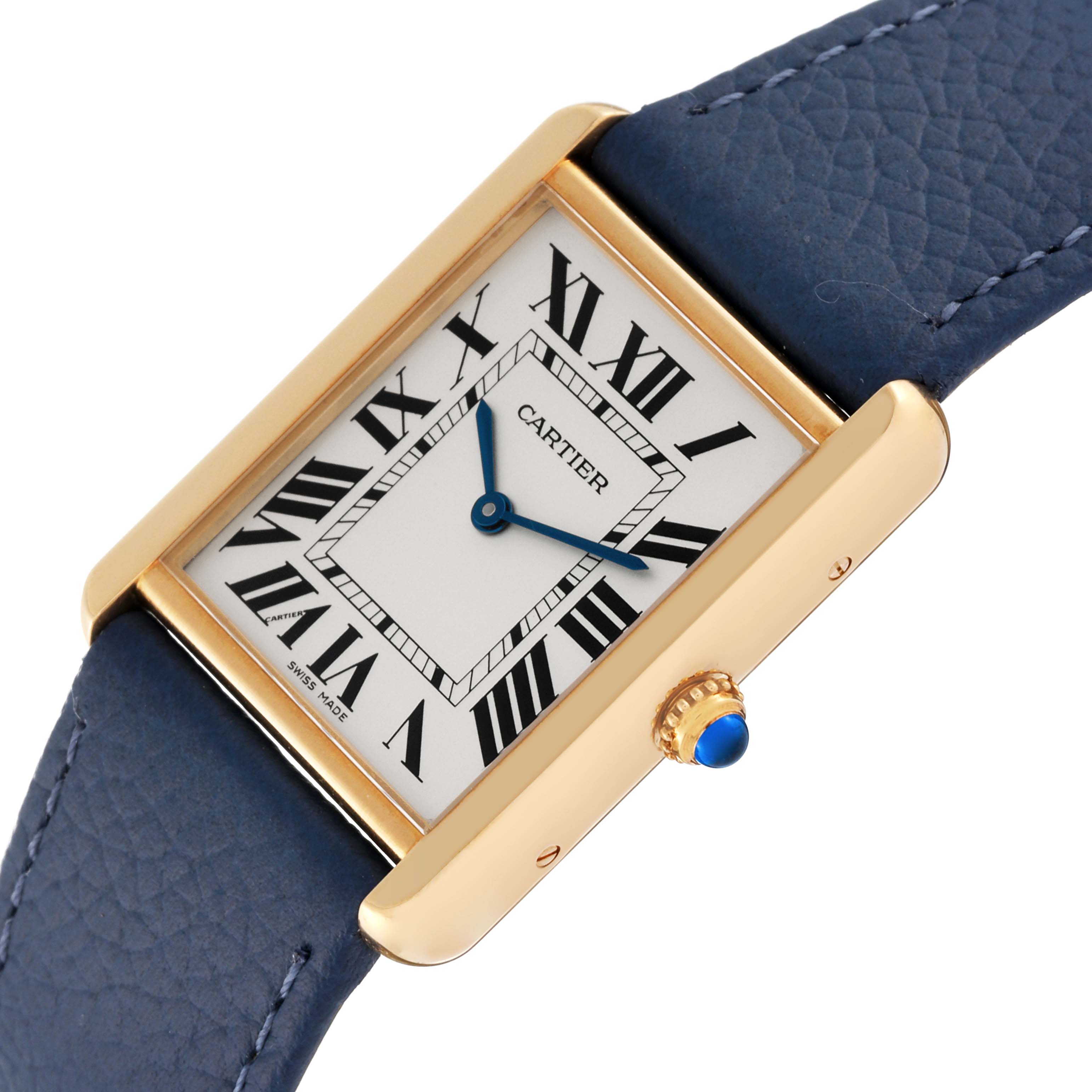 The image shows a close-up of the Cartier Tank Solo W1018855 Men
s Steel and Gold (two tone) Silver Dial W1018855 Men
s Steel and Gold (two tone) Silver Dial watch face, highlighting its rectangular gold case, Roman numerals, and blue leather strap.