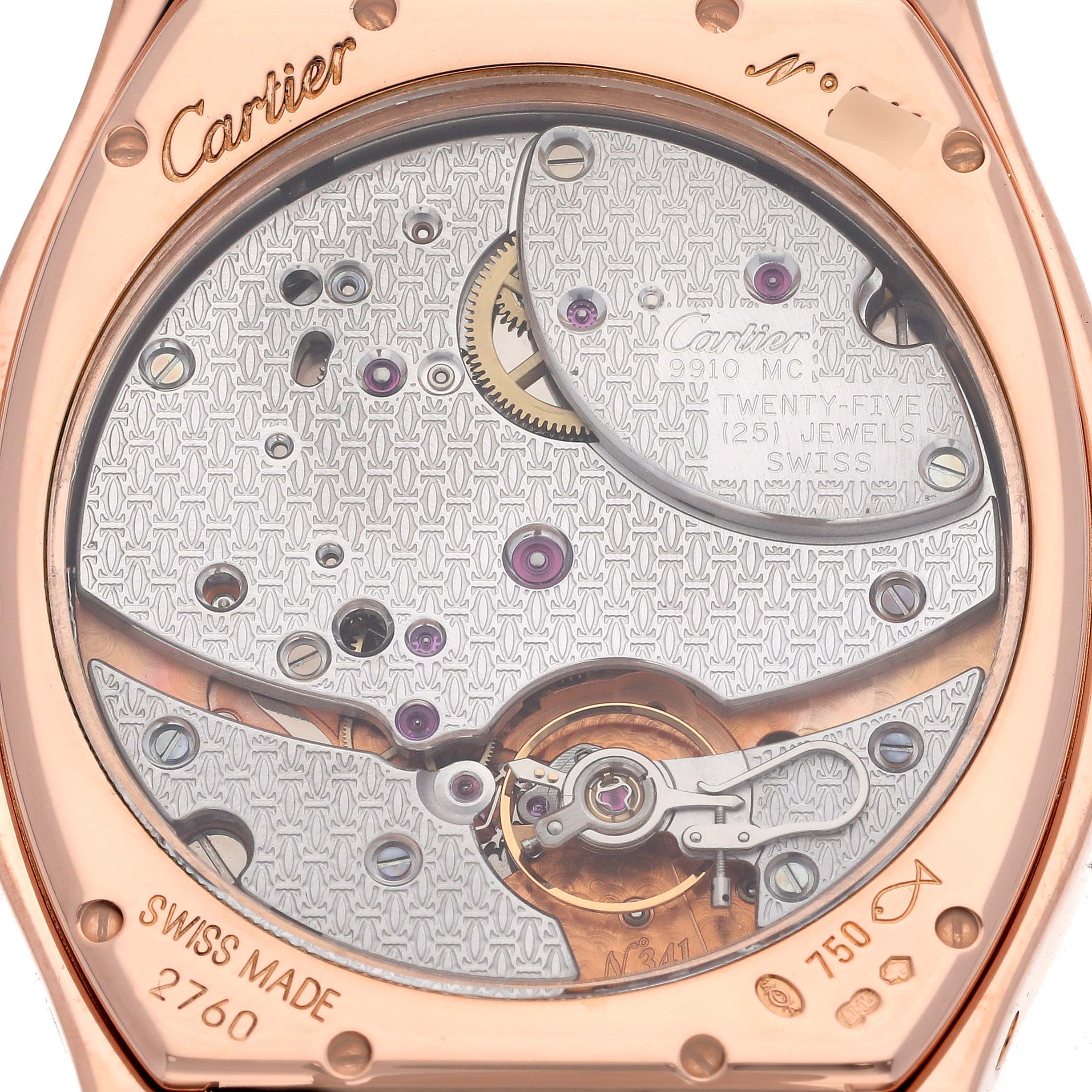 The image shows the back of the Cartier Tortue W1545851 Men
s Rose Gold Silver Dial W1545851 Men
s Rose Gold Silver Dial watch, highlighting its intricate inner mechanism and engravings.