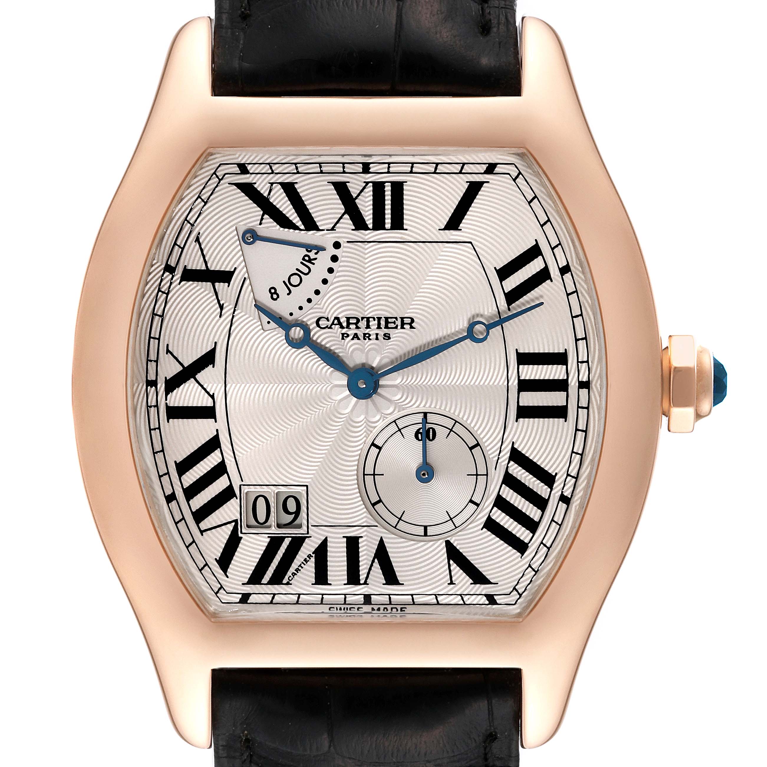 This image shows a close-up of the Cartier Tortue W1545851 Men
s Rose Gold Silver Dial W1545851 Men
s Rose Gold Silver Dial watch face, case, and strap, highlighting its dial and numerals.