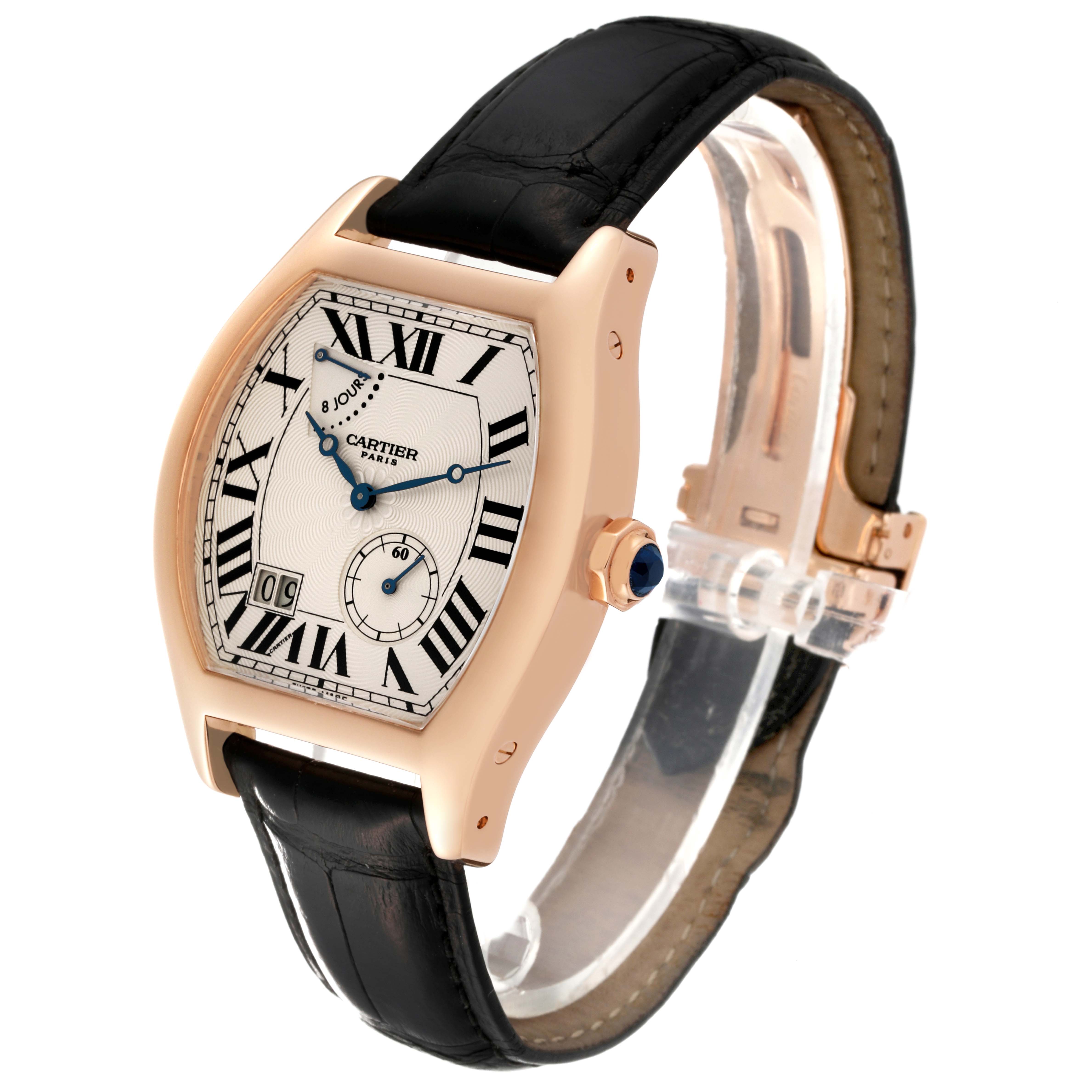 The Cartier Tortue W1545851 Men
s Rose Gold Silver Dial W1545851 Men
s Rose Gold Silver Dial watch is shown at a three-quarter angle, highlighting the dial, crown, and black leather strap.
