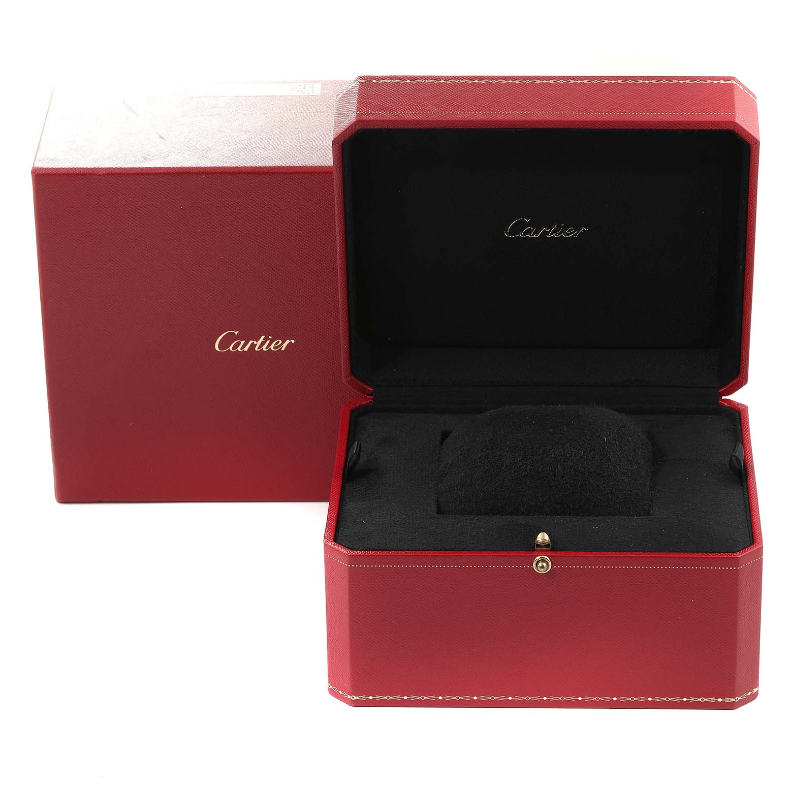 The image shows the open red box and outer packaging of a Cartier Tortue W1545851 Men
s Rose Gold Silver Dial W1545851 Men
s Rose Gold Silver Dial watch.