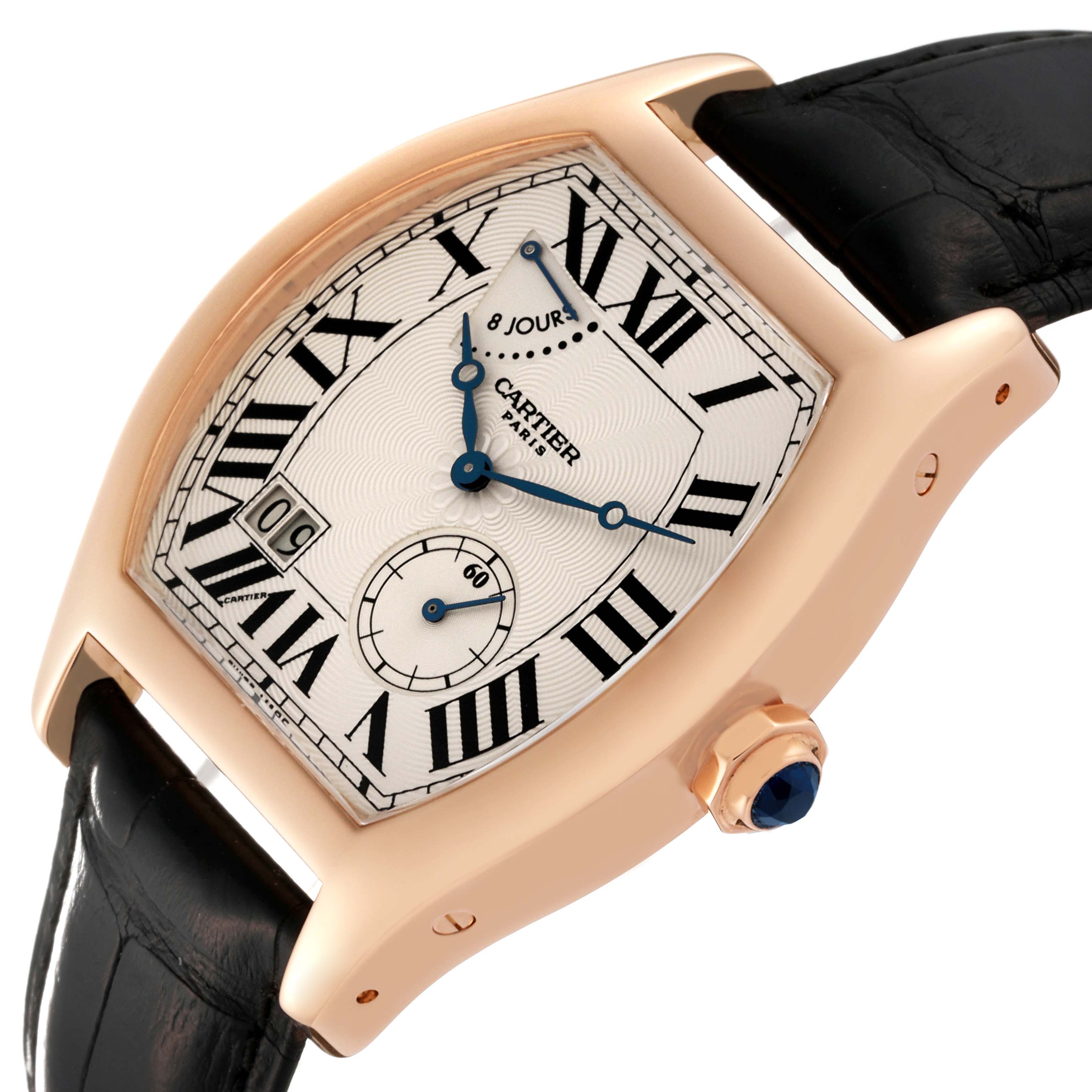 The image shows a Cartier Tortue W1545851 Men
s Rose Gold Silver Dial W1545851 Men
s Rose Gold Silver Dial watch at an angled view, highlighting the dial, hands, crown, and strap attachment.
