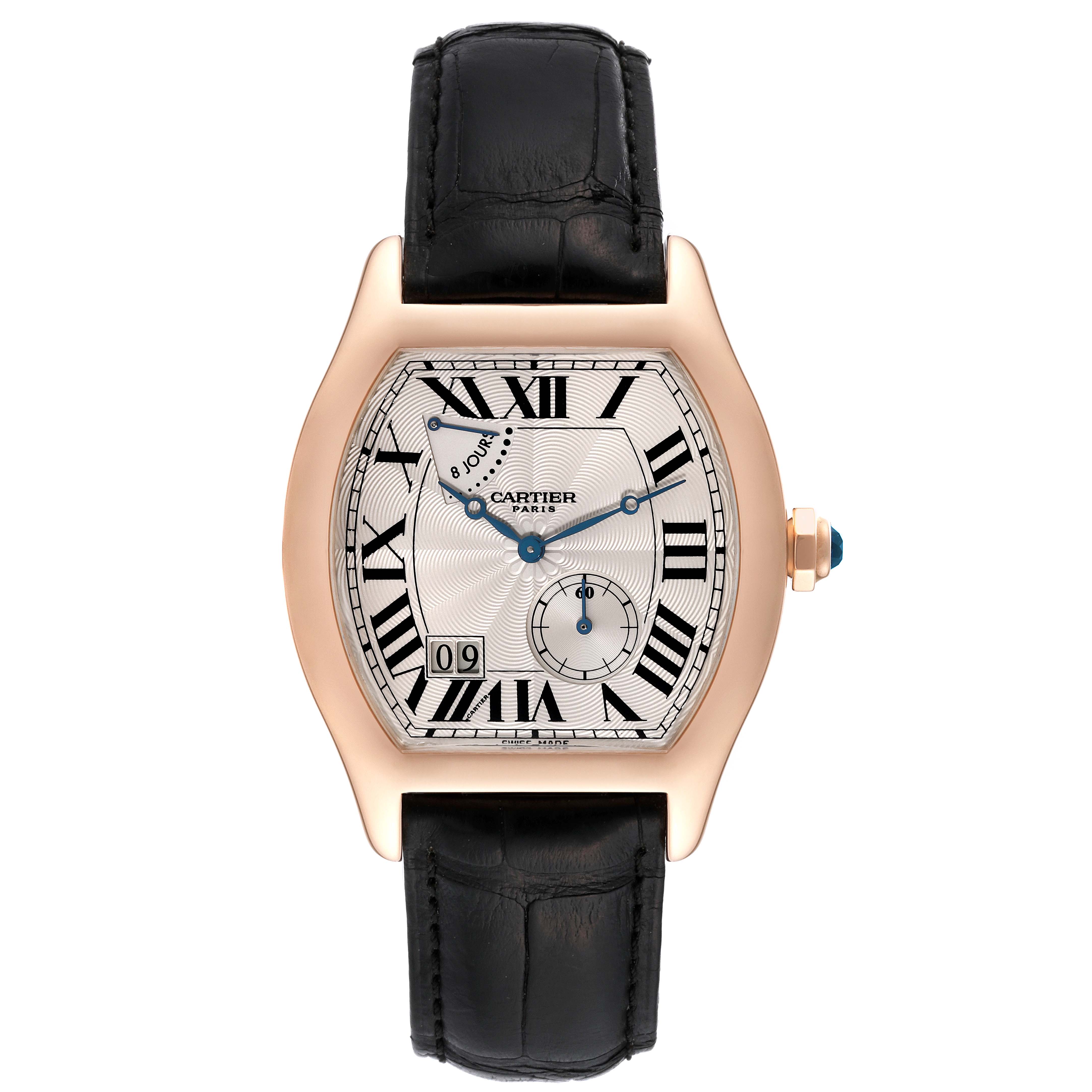 The image shows a front view of a Cartier Tortue W1545851 Men
s Rose Gold Silver Dial W1545851 Men
s Rose Gold Silver Dial watch, featuring its dial, Roman numerals, and black leather strap.