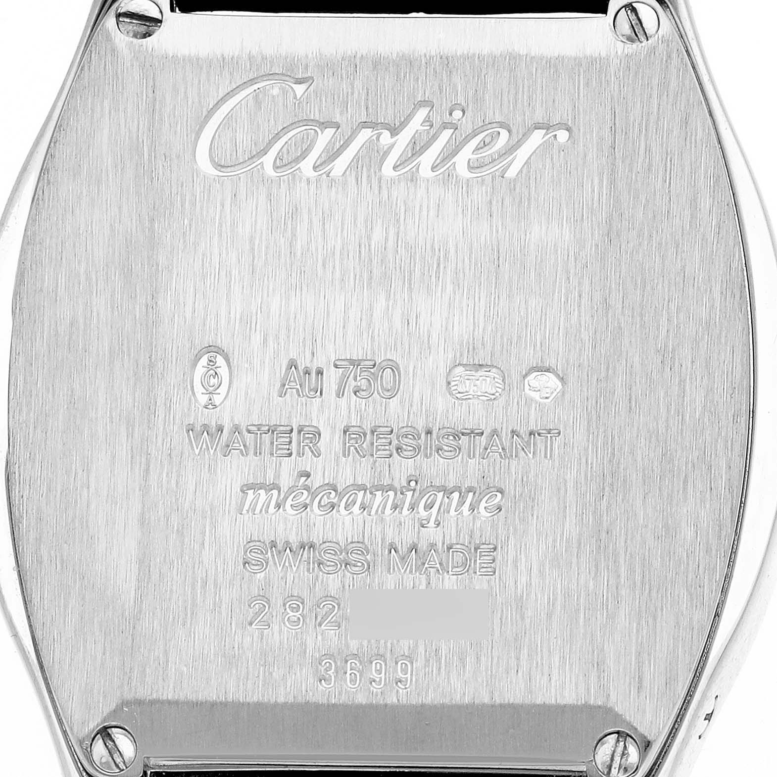 The image shows the back case of a Cartier Tortue WA501007 Women's White Gold Silver Dial WA501007 Women's White Gold Silver Dial watch, displaying engraved information including water resistance and serial numbers.