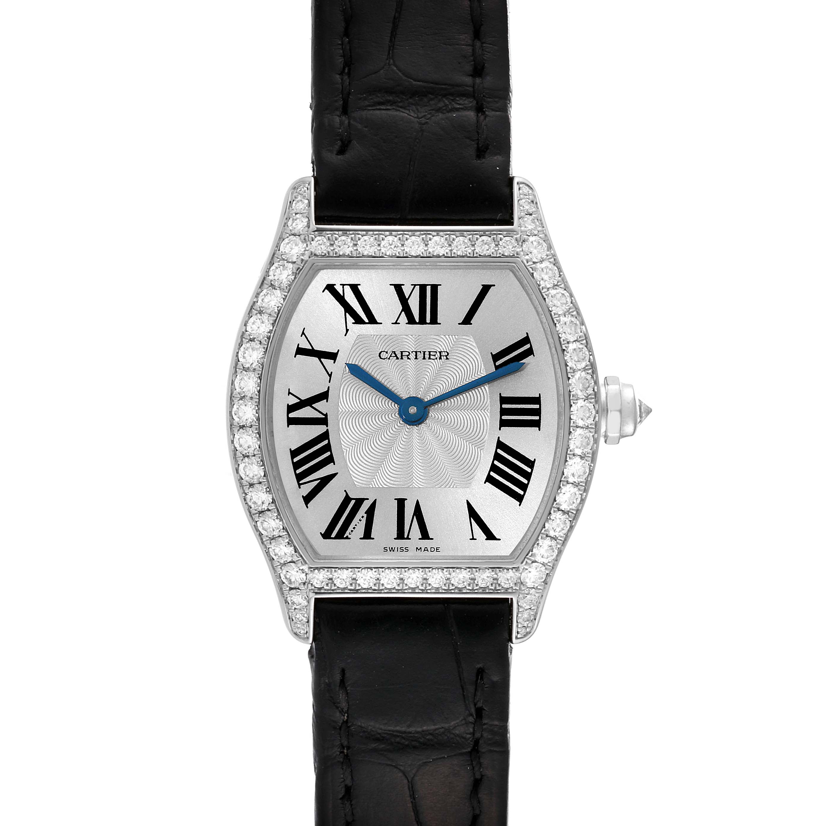 This image shows a front view of the Cartier Tortue WA501007 Women's White Gold Silver Dial WA501007 Women's White Gold Silver Dial watch, featuring its face, bezel, and part of its black leather strap.