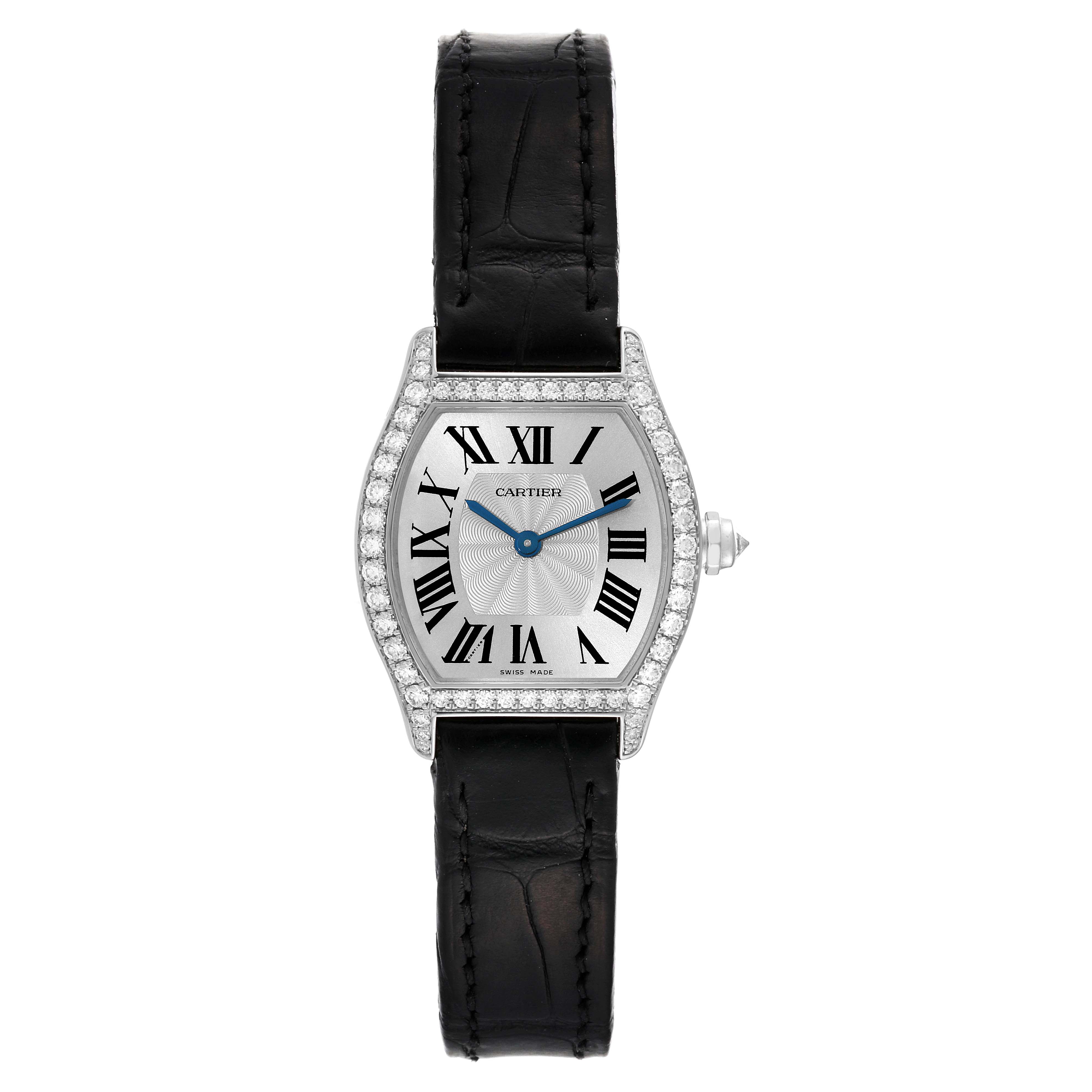 The image shows a straight-on view of a Cartier Tortue WA501007 Women's White Gold Silver Dial WA501007 Women's White Gold Silver Dial model watch, including the face, strap, and crown.