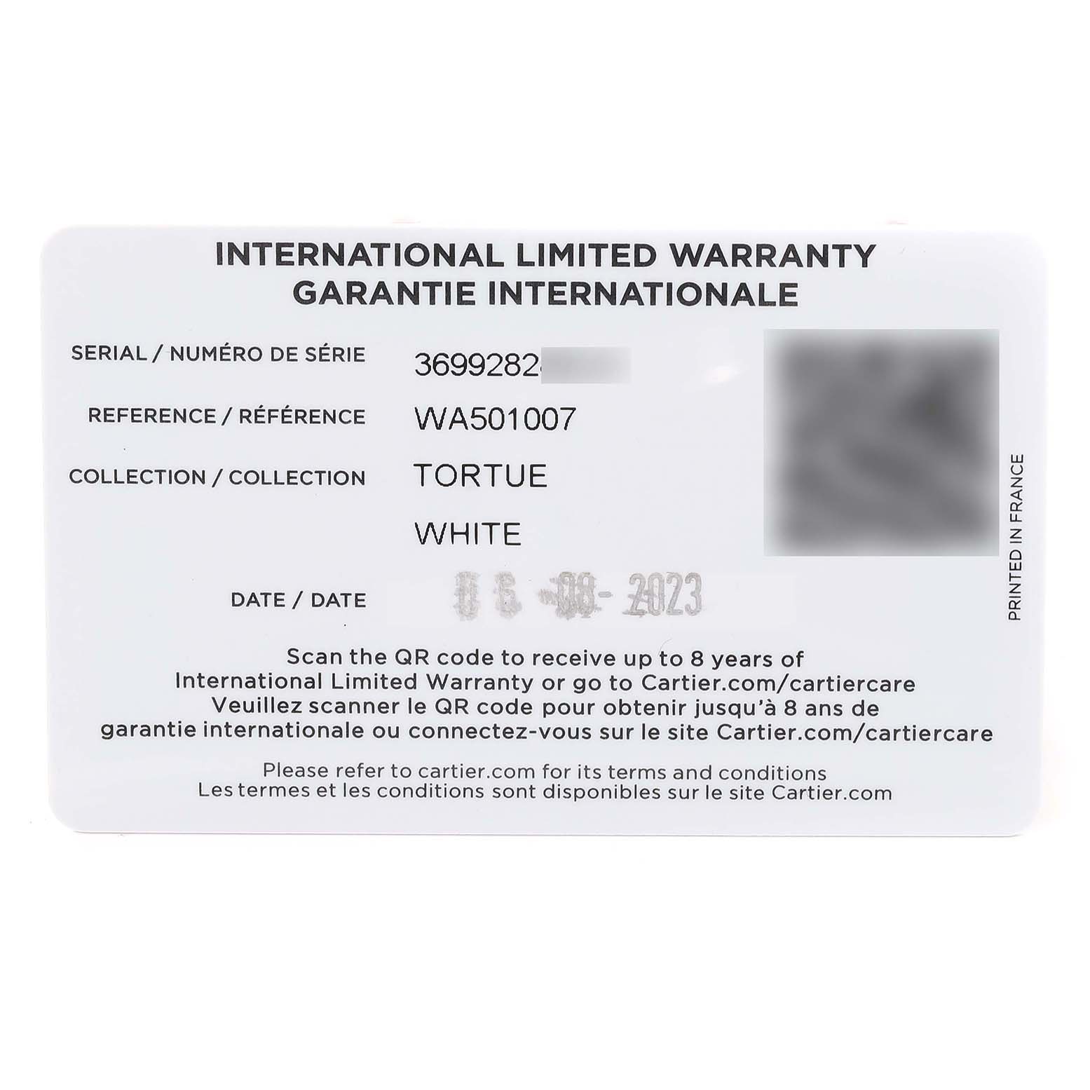 The image shows the International Limited Warranty card for a Cartier Tortue WA501007 Women's White Gold Silver Dial WA501007 Women's White Gold Silver Dial model watch.