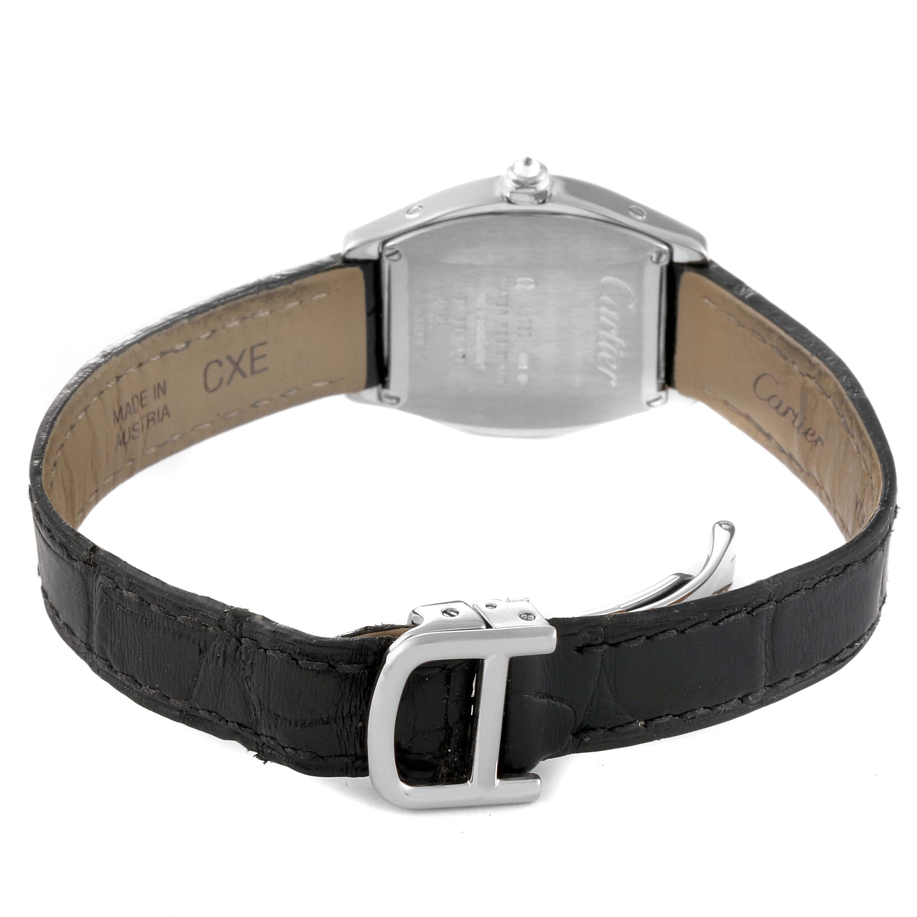 This image shows the backside and strap of a Cartier Tortue WA501007 Women's White Gold Silver Dial WA501007 Women's White Gold Silver Dial watch.