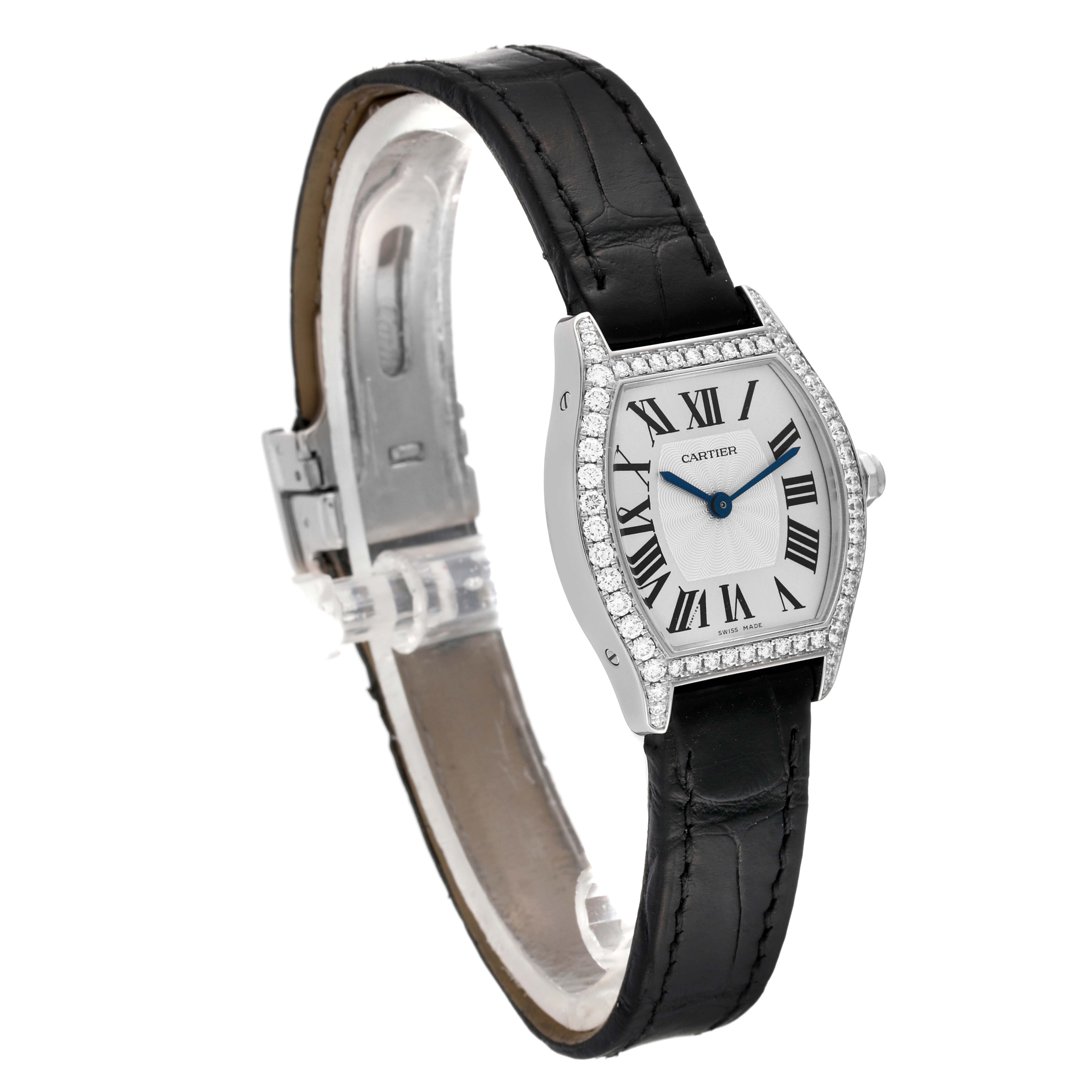 This image shows a Cartier Tortue WA501007 Women's White Gold Silver Dial WA501007 Women's White Gold Silver Dial watch at a three-quarter angle, including its face, bezel, and black leather strap.