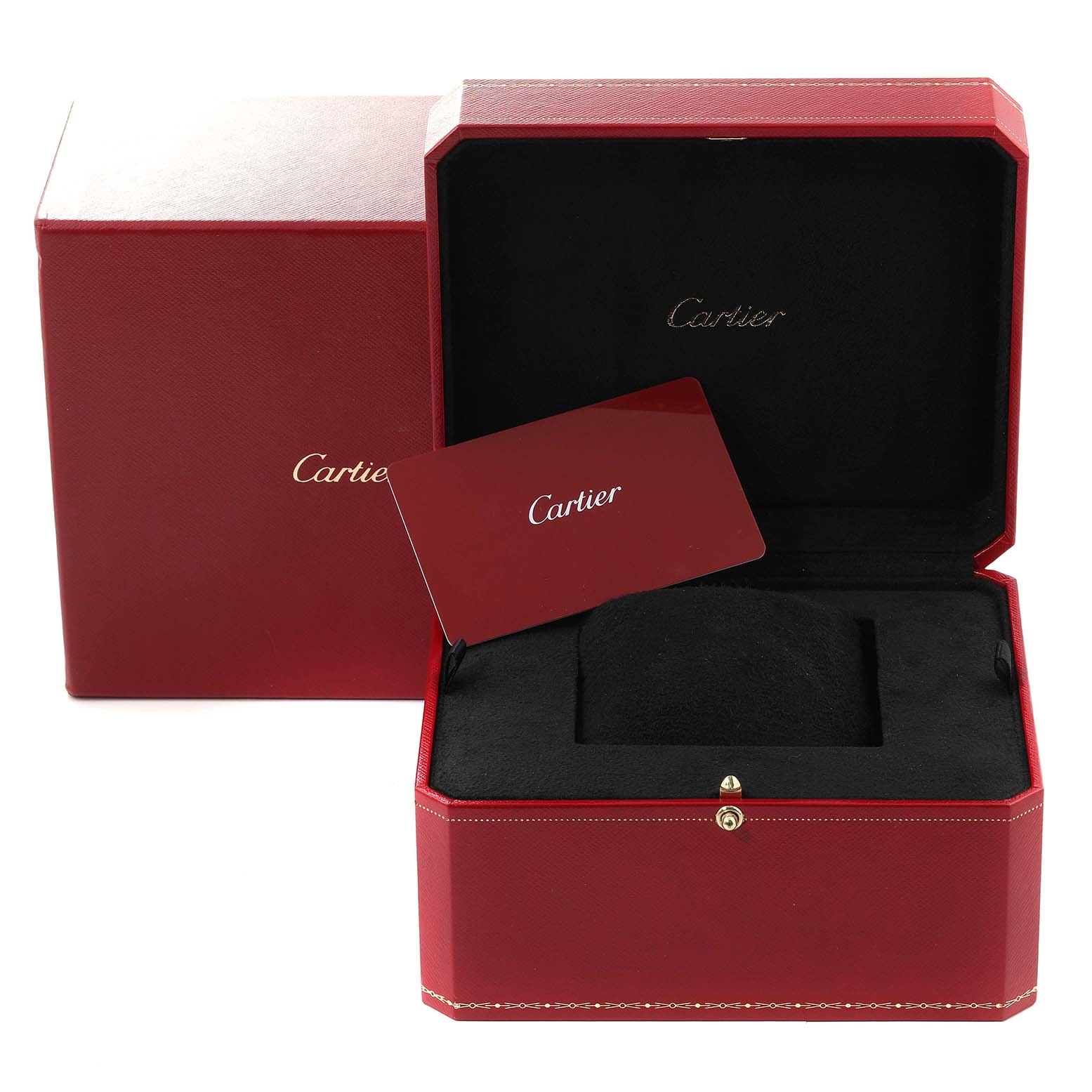 The image shows the open box and card of a Cartier Tortue WA501007 Women's White Gold Silver Dial WA501007 Women's White Gold Silver Dial watch, with the box and accessories arranged neatly.