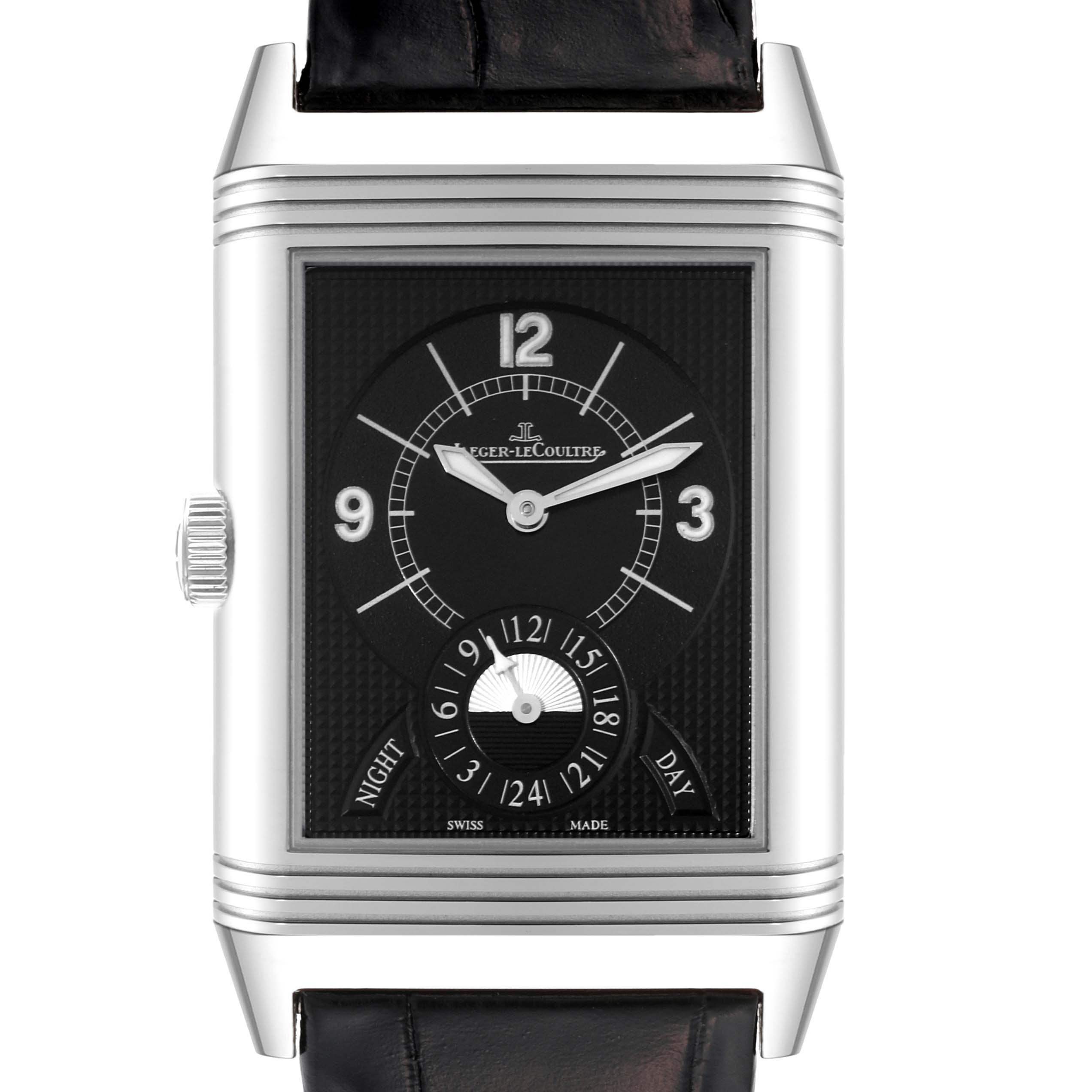 The Jaeger-LeCoultre Reverso watch is shown from a front angle, highlighting its dial, crown, and strap.