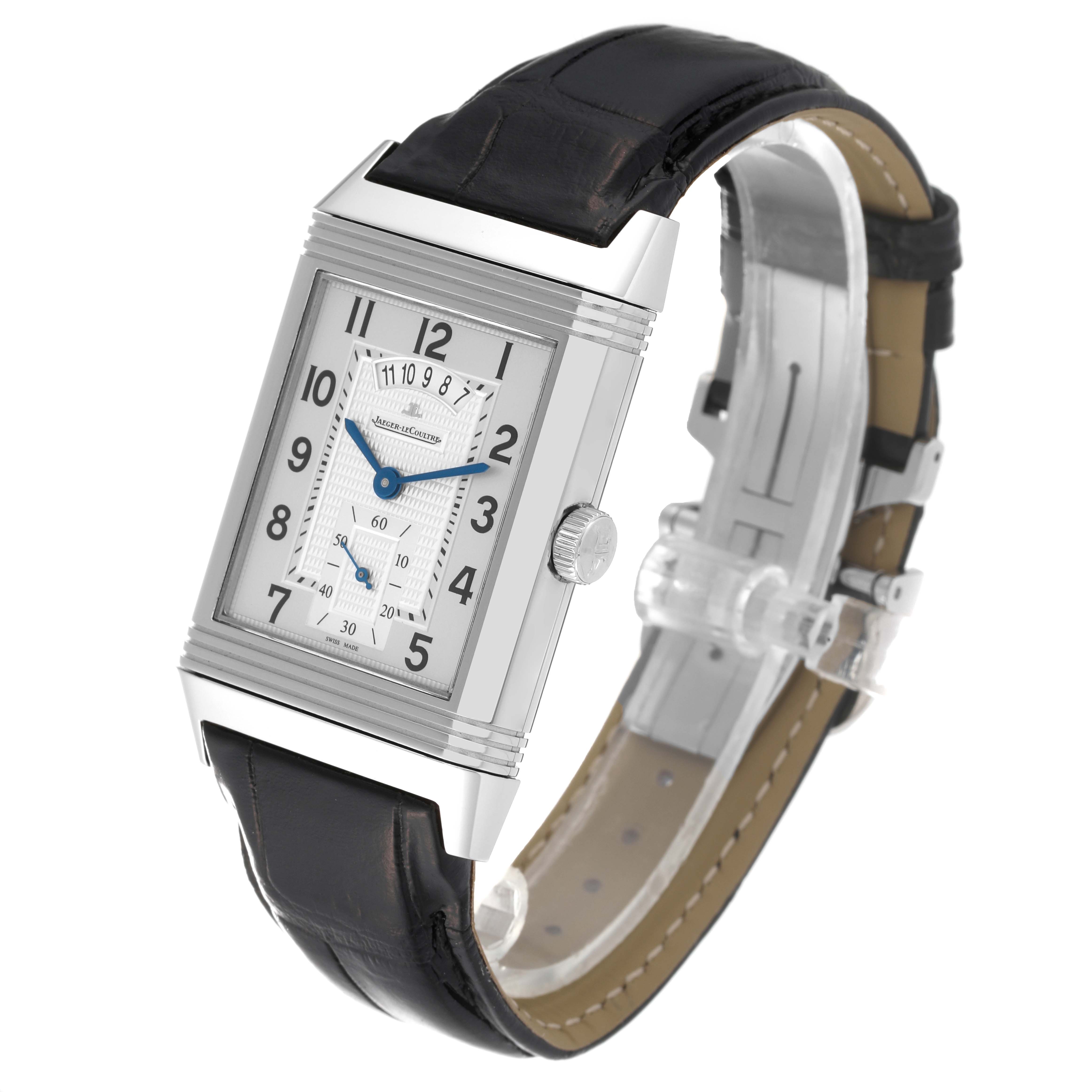 The image shows a Jaeger LeCoultre Reverso Q3748421 Men's Stainless Steel Silver Dial Q3748421 Men's Stainless Steel Silver Dial watch at a side angle featuring its rectangular dial and leather strap.