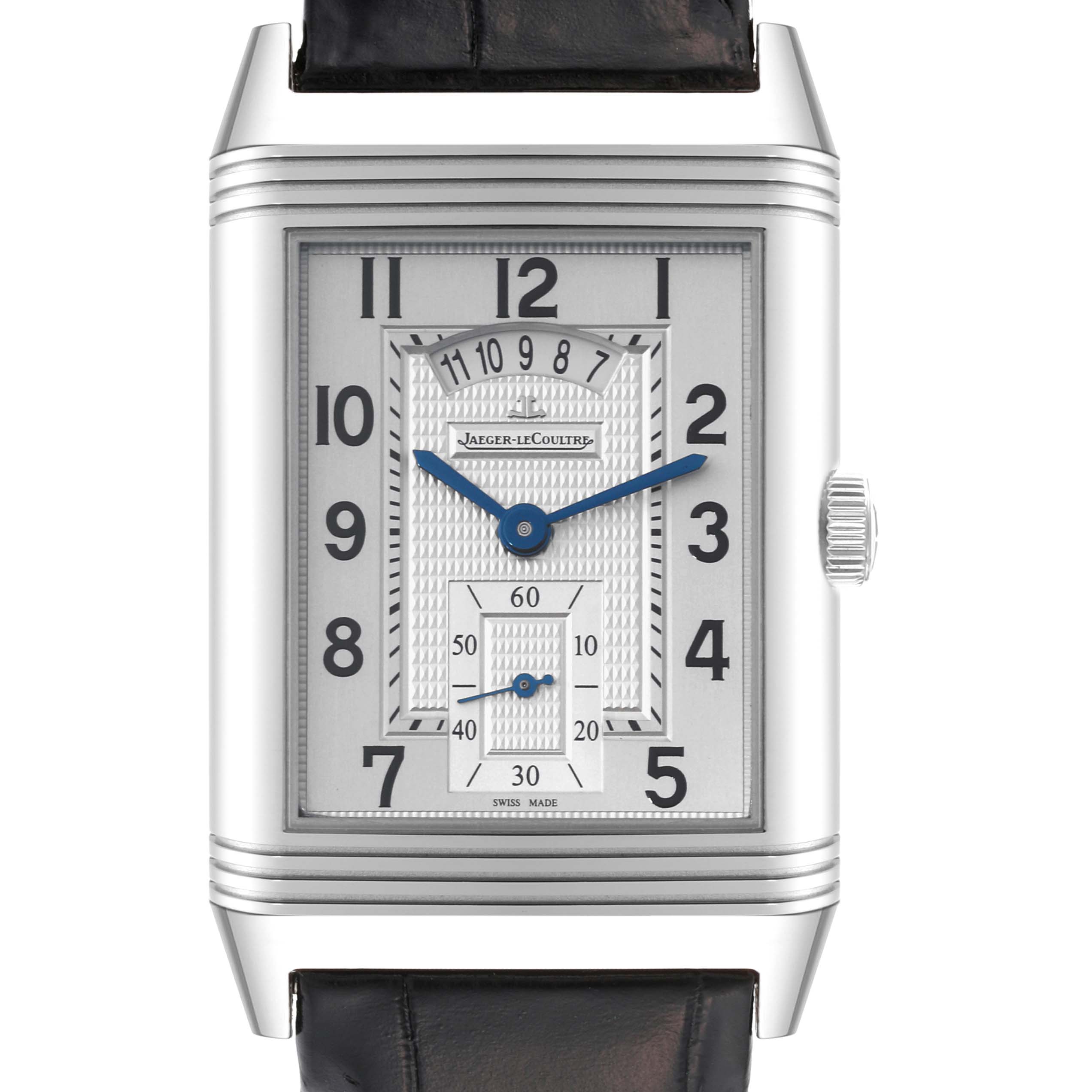 The image shows a front view of a Jaeger LeCoultre Reverso Q3748421 Men's Stainless Steel Silver Dial Q3748421 Men's Stainless Steel Silver Dial watch with its detailed dial and crown.
