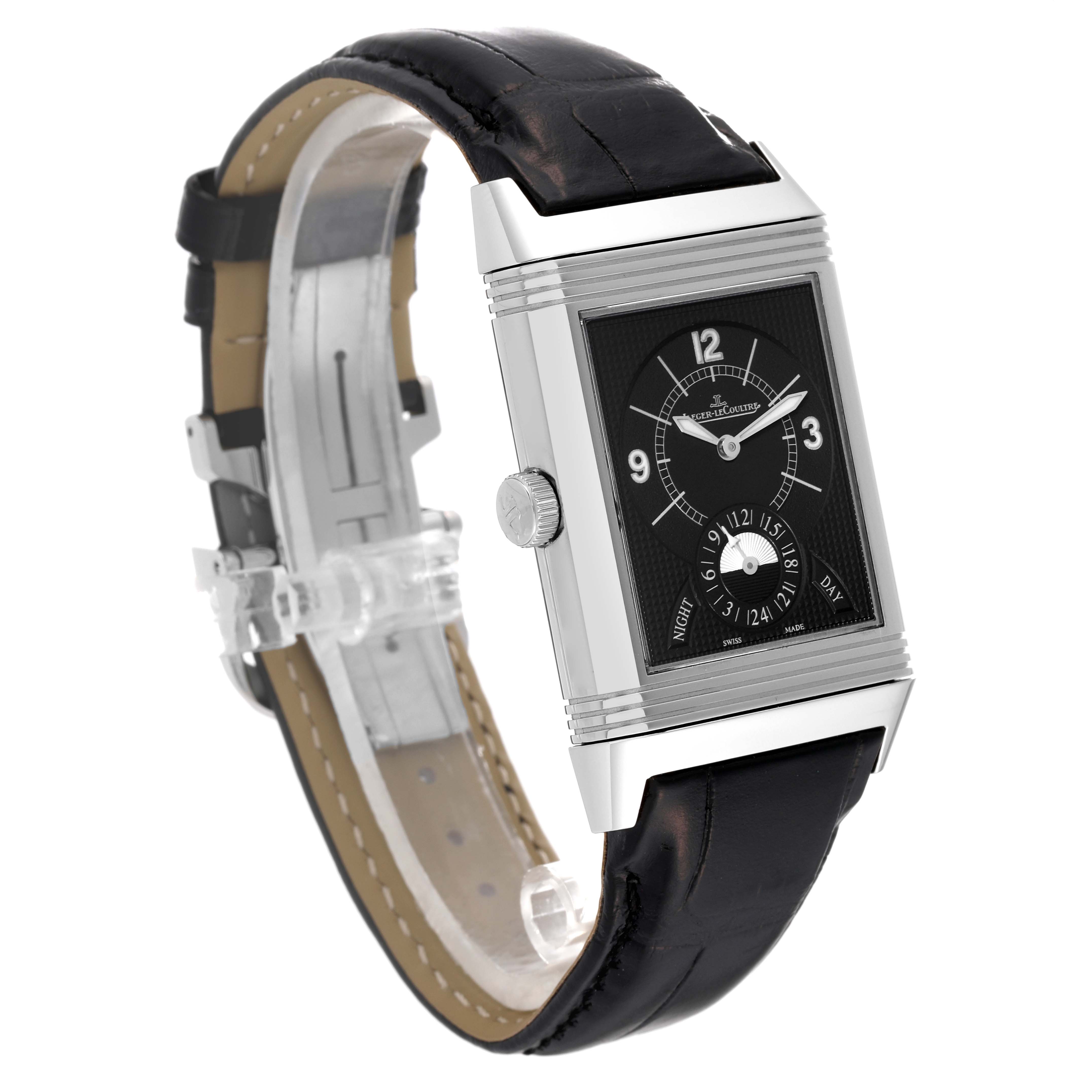 The image shows a Jaeger-LeCoultre Reverso watch at a three-quarter angle, highlighting its black dial, case, crown, and leather strap.
