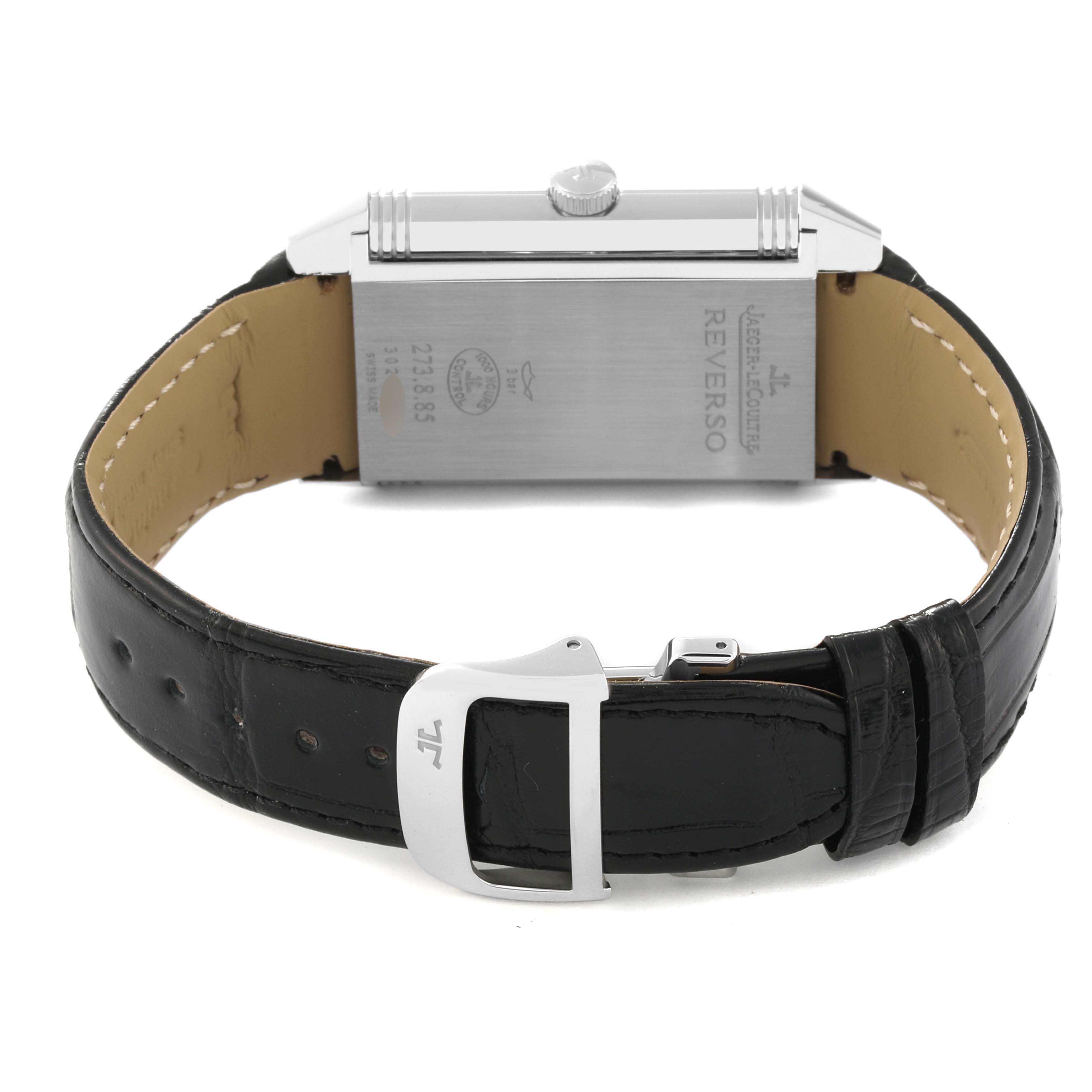 The image shows the back and side view of a Jaeger LeCoultre Reverso Q3748421 Men's Stainless Steel Silver Dial Q3748421 Men's Stainless Steel Silver Dial watch, displaying the case back, strap, and buckle.