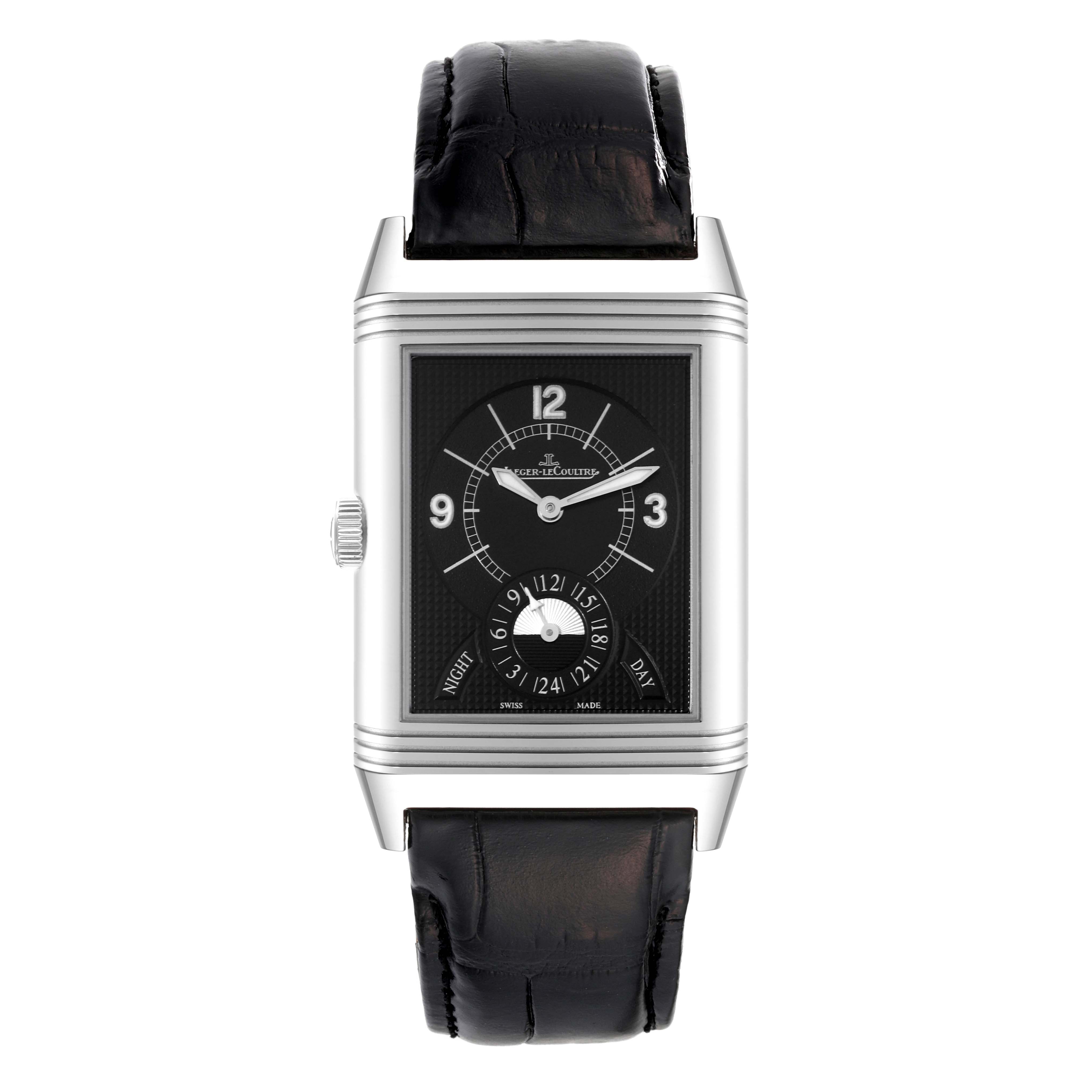 This image shows a frontal view of the Jaeger LeCoultre Reverso Q3748421 Men's Stainless Steel Silver Dial Q3748421 Men's Stainless Steel Silver Dial watch, displaying its face and leather strap.