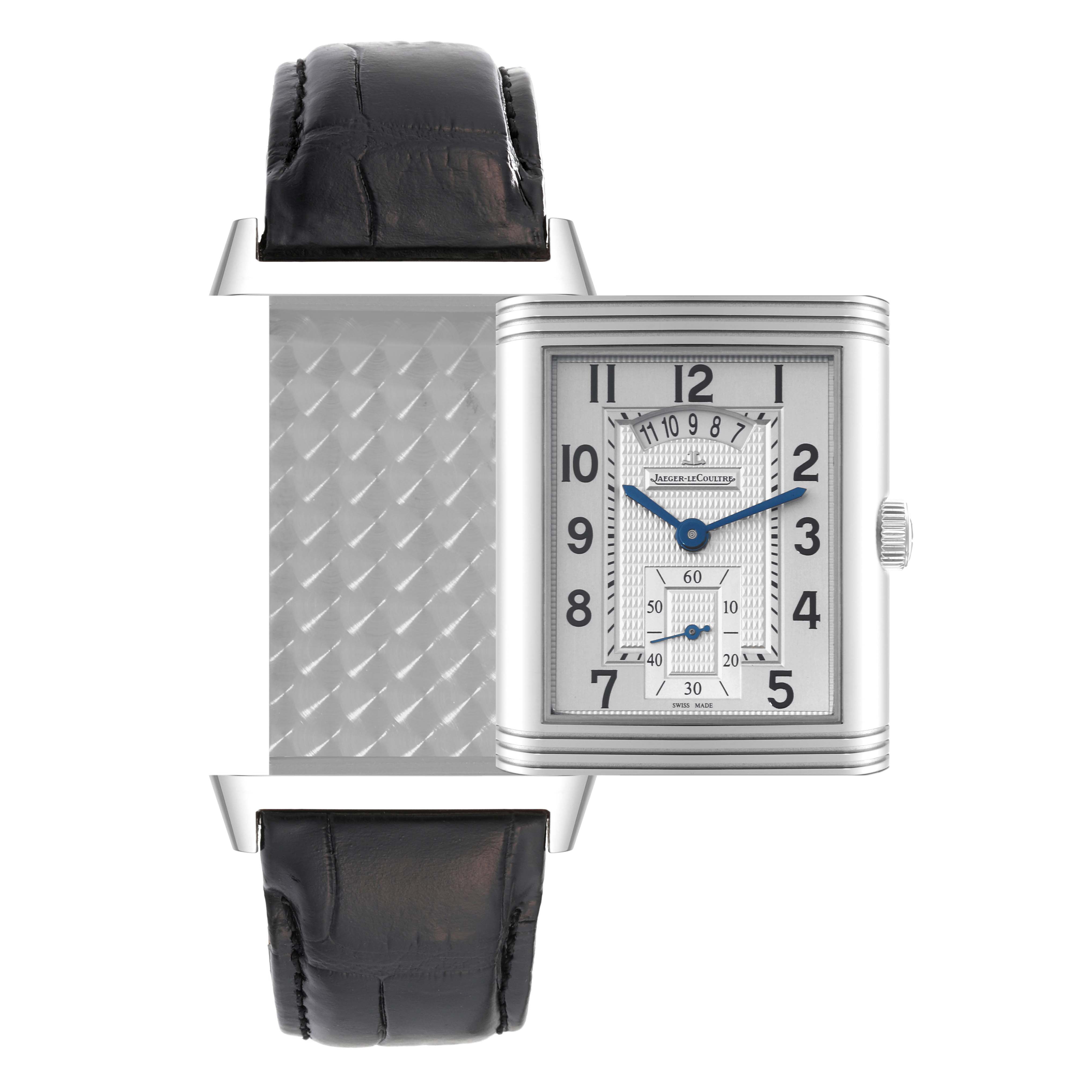The image shows a Jaeger LeCoultre Reverso Q3748421 Men's Stainless Steel Silver Dial Q3748421 Men's Stainless Steel Silver Dial watch flipped at an angle, revealing both the front face and the back case with its strap.