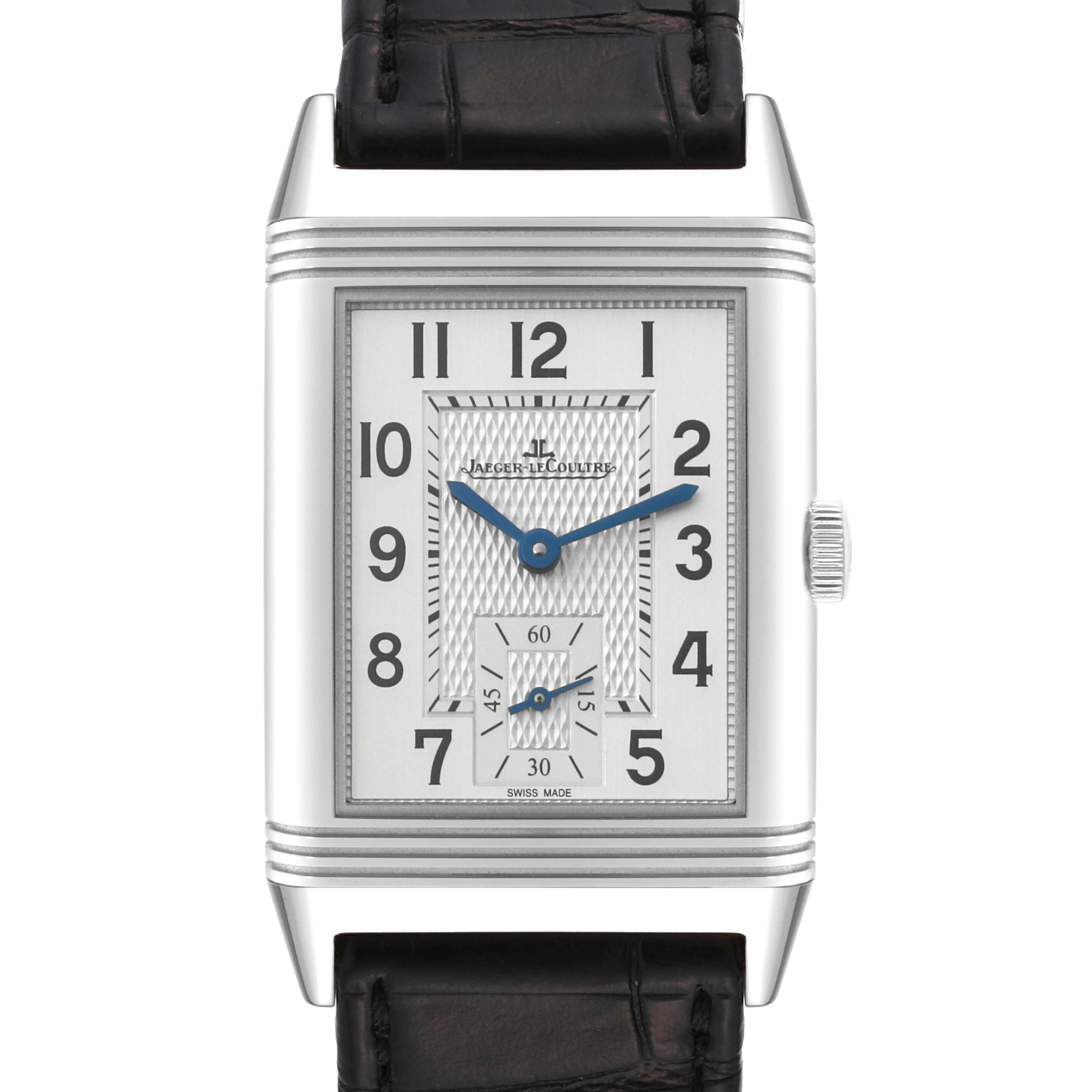 The image shows a front view of a Jaeger-LeCoultre Reverso watch, displaying its face, dial, hands, and leather strap.