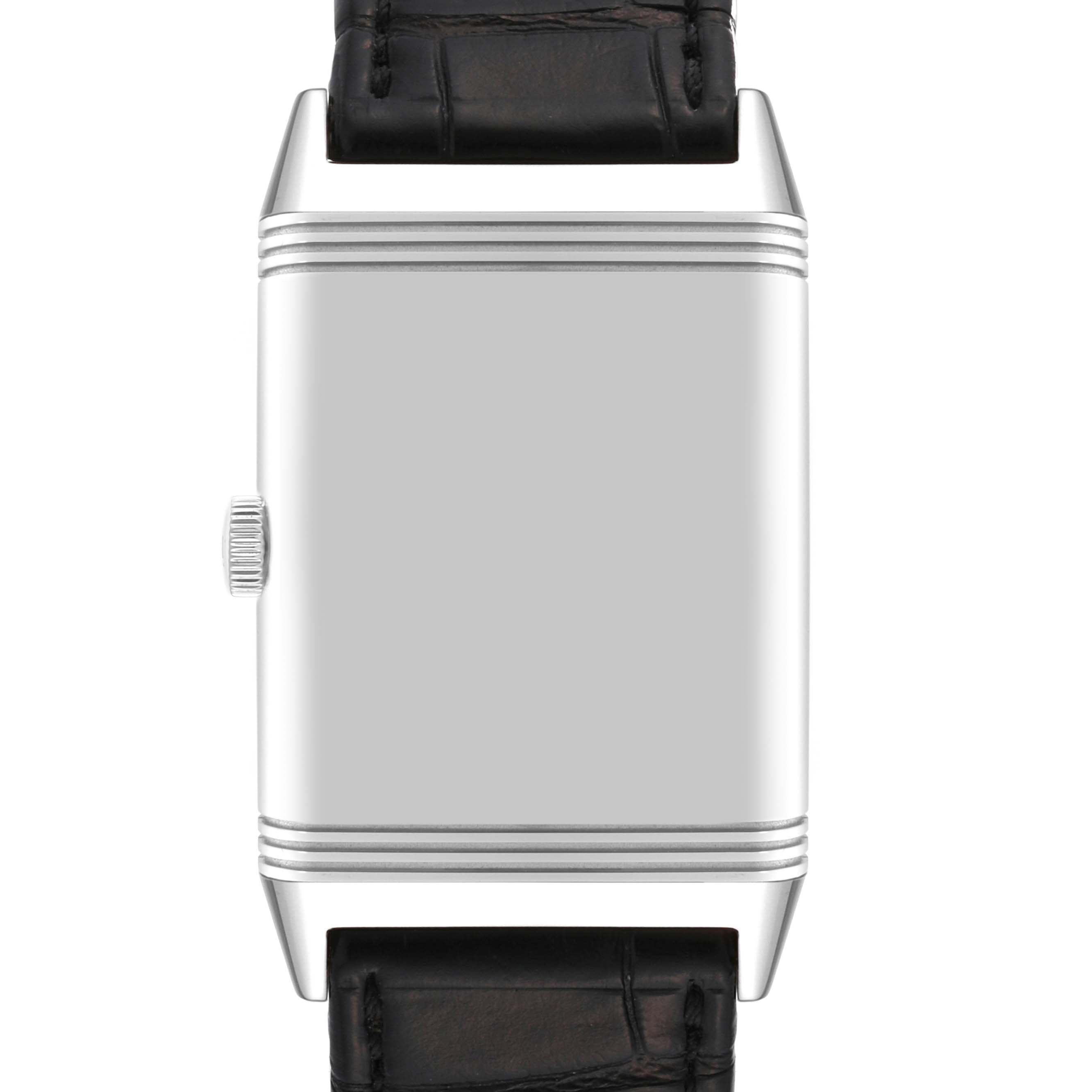 This image shows a front view of a Jaeger LeCoultre Reverso Q2438520 Men's Stainless Steel Silver Dial Q2438520 Men's Stainless Steel Silver Dial watch case with its crown and leather straps.