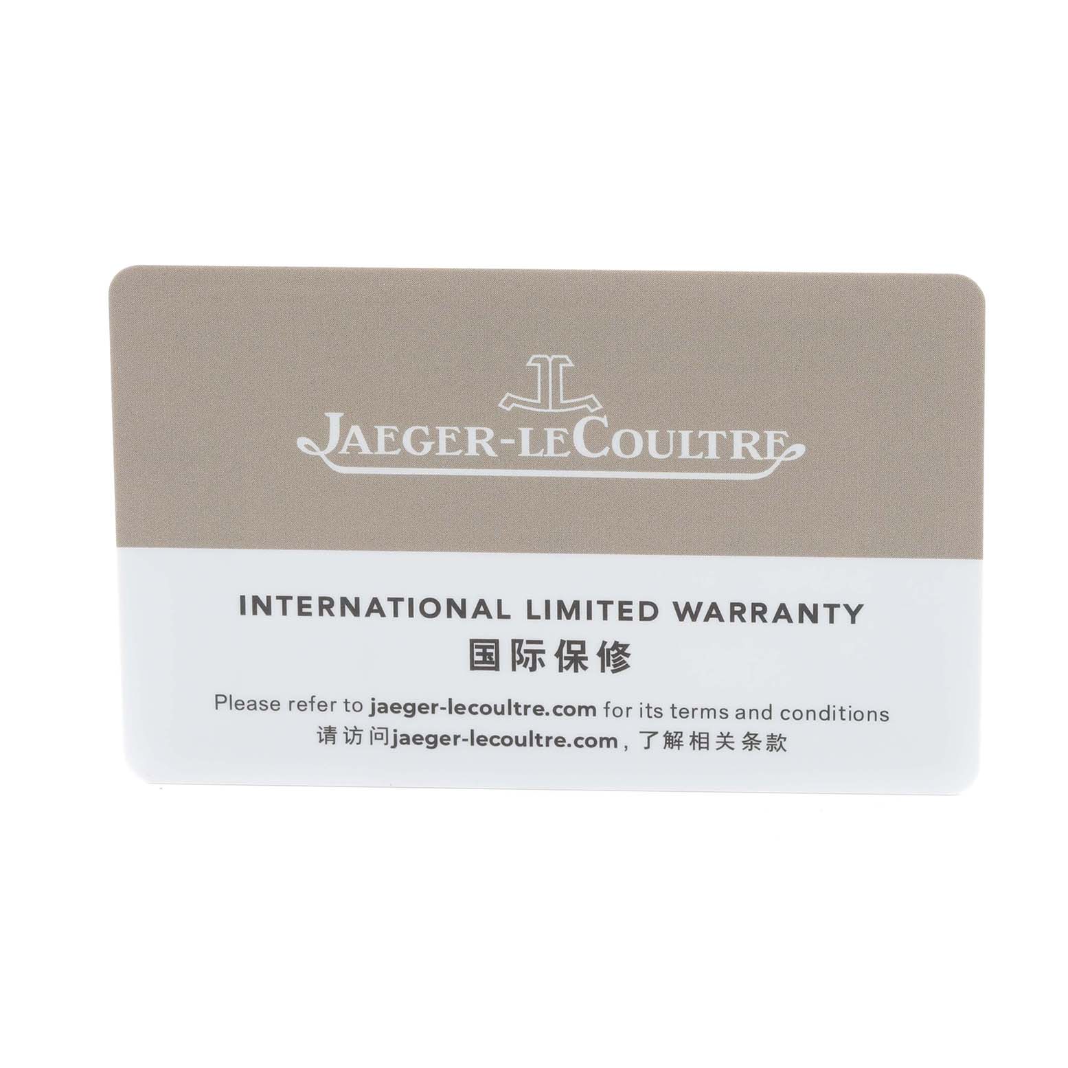 The image shows an International Limited Warranty card for the Jaeger LeCoultre Reverso Q2438520 Men's Stainless Steel Silver Dial Q2438520 Men's Stainless Steel Silver Dial watch.