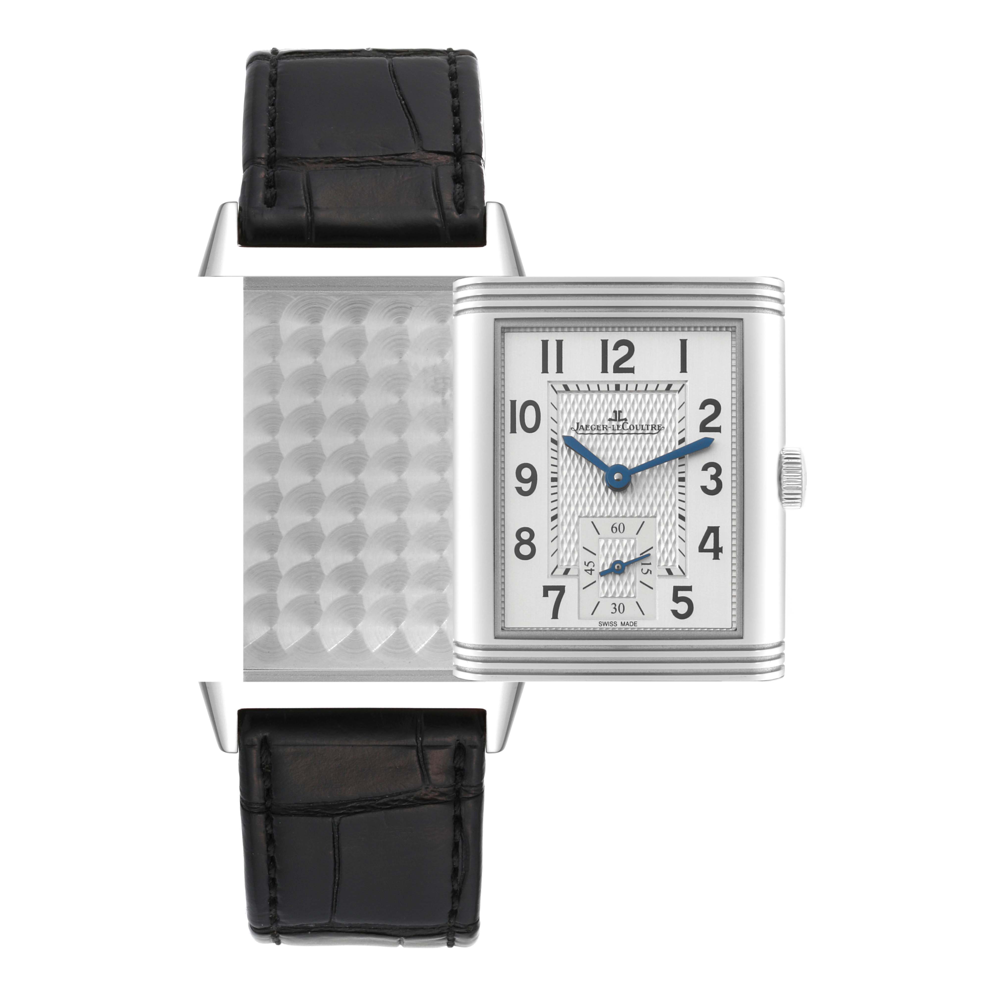 This image shows the front and back of the Jaeger-LeCoultre Reverso watch, highlighting the unique reversible case and black leather strap.