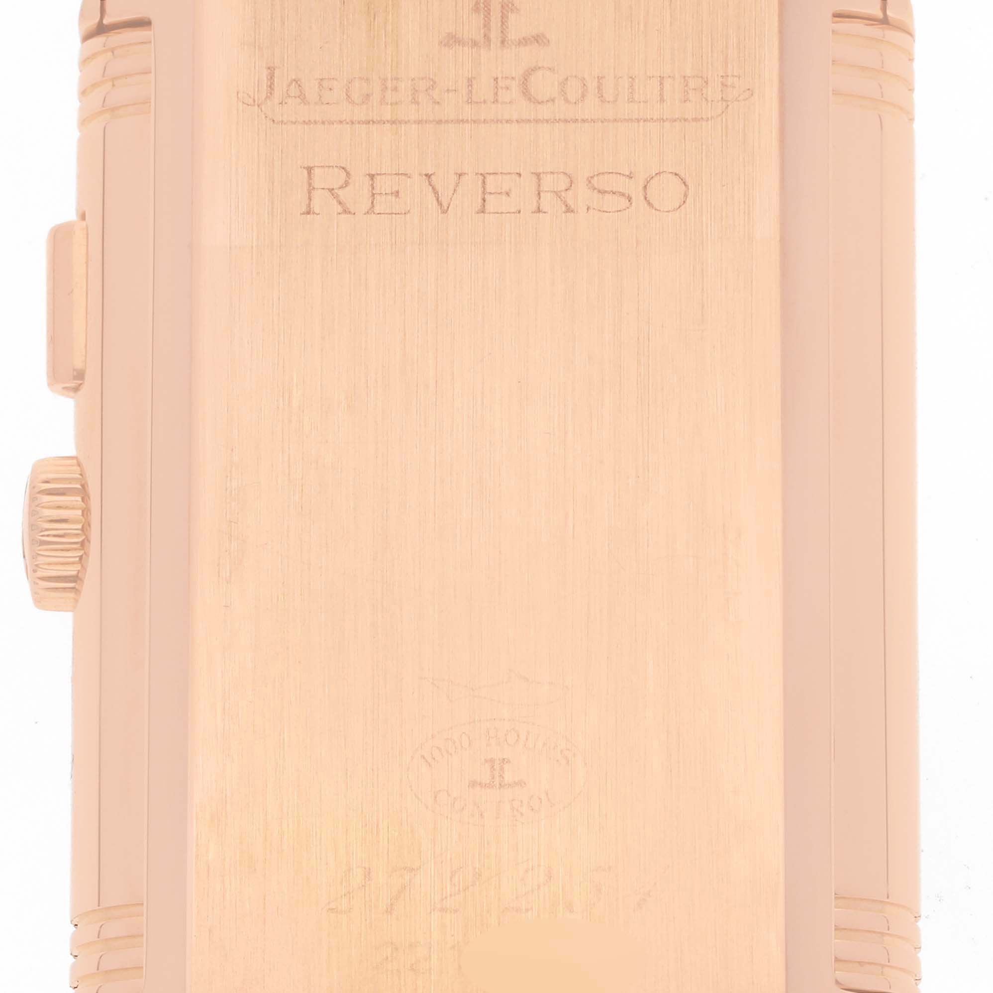 This image shows the case back of a Jaeger LeCoultre Reverso Q2712410 Men
s Rose Gold Silver Dial Q2712410 Men
s Rose Gold Silver Dial watch, displaying the brand and model name.