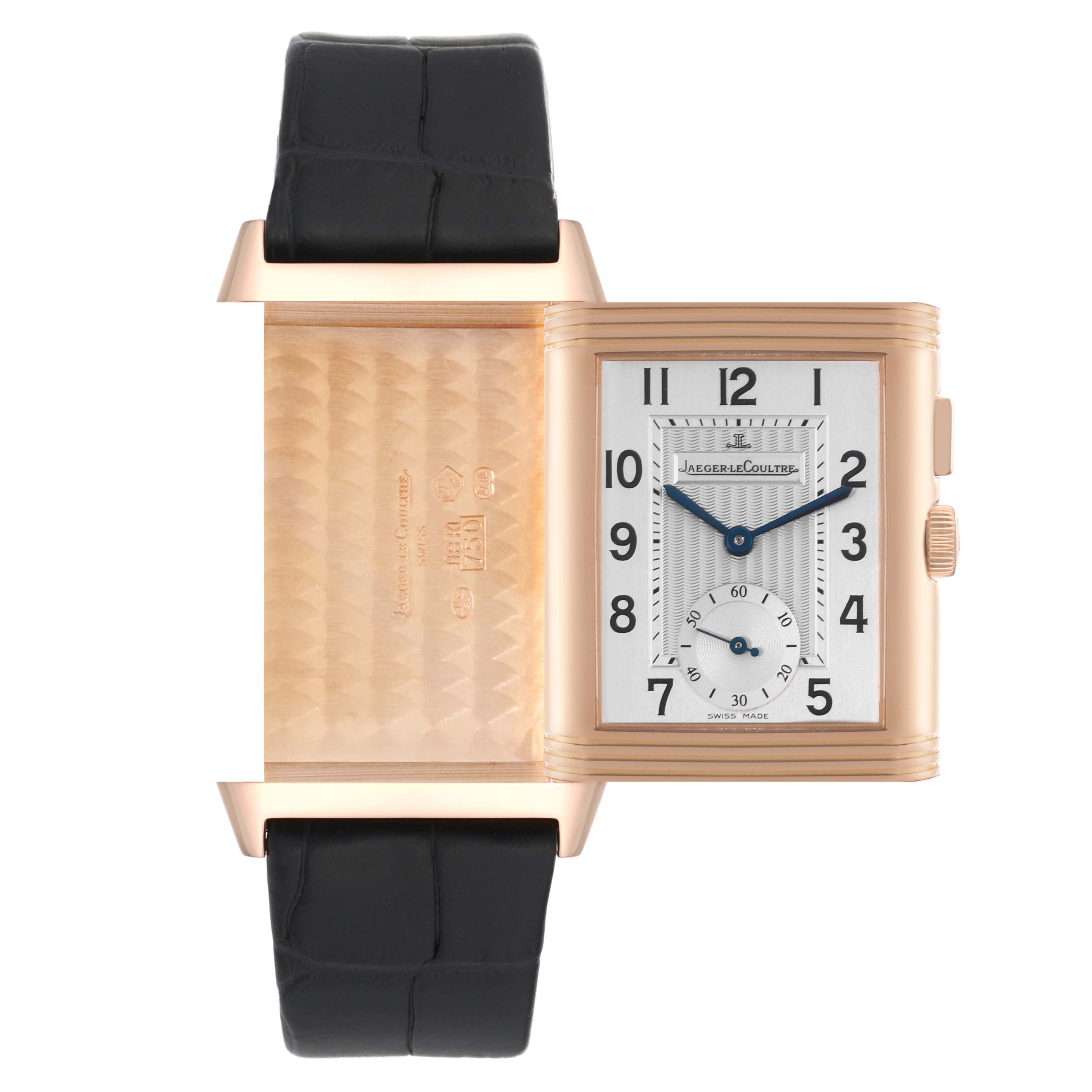 The image shows the front and back of the Jaeger LeCoultre Reverso Q2712410 Men
s Rose Gold Silver Dial Q2712410 Men
s Rose Gold Silver Dial watch, with the case partially rotated to display both sides.