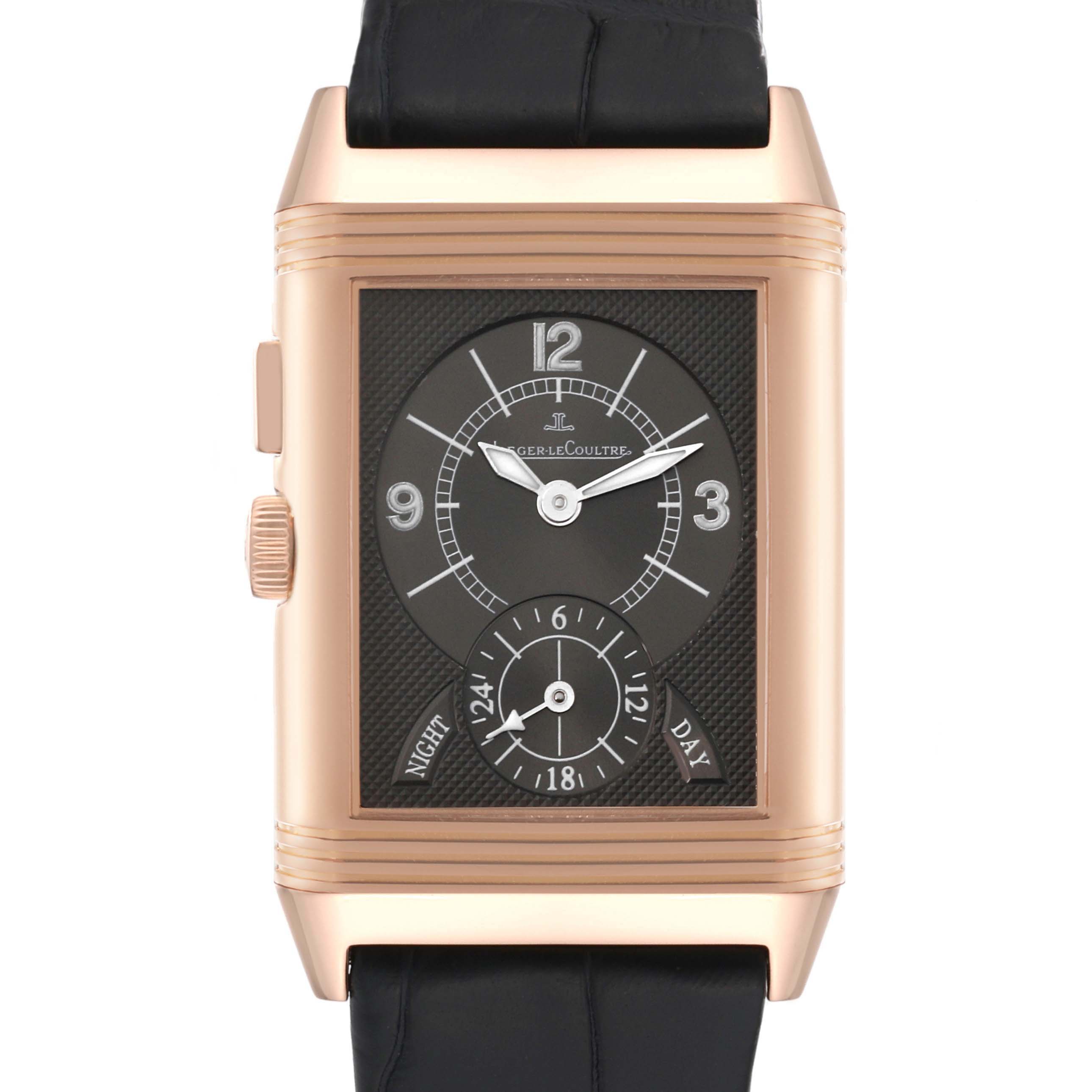 The image shows a front-facing view of the Jaeger LeCoultre Reverso Q2712410 Men
s Rose Gold Silver Dial Q2712410 Men
s Rose Gold Silver Dial watch, highlighting the dial, hands, and strap.