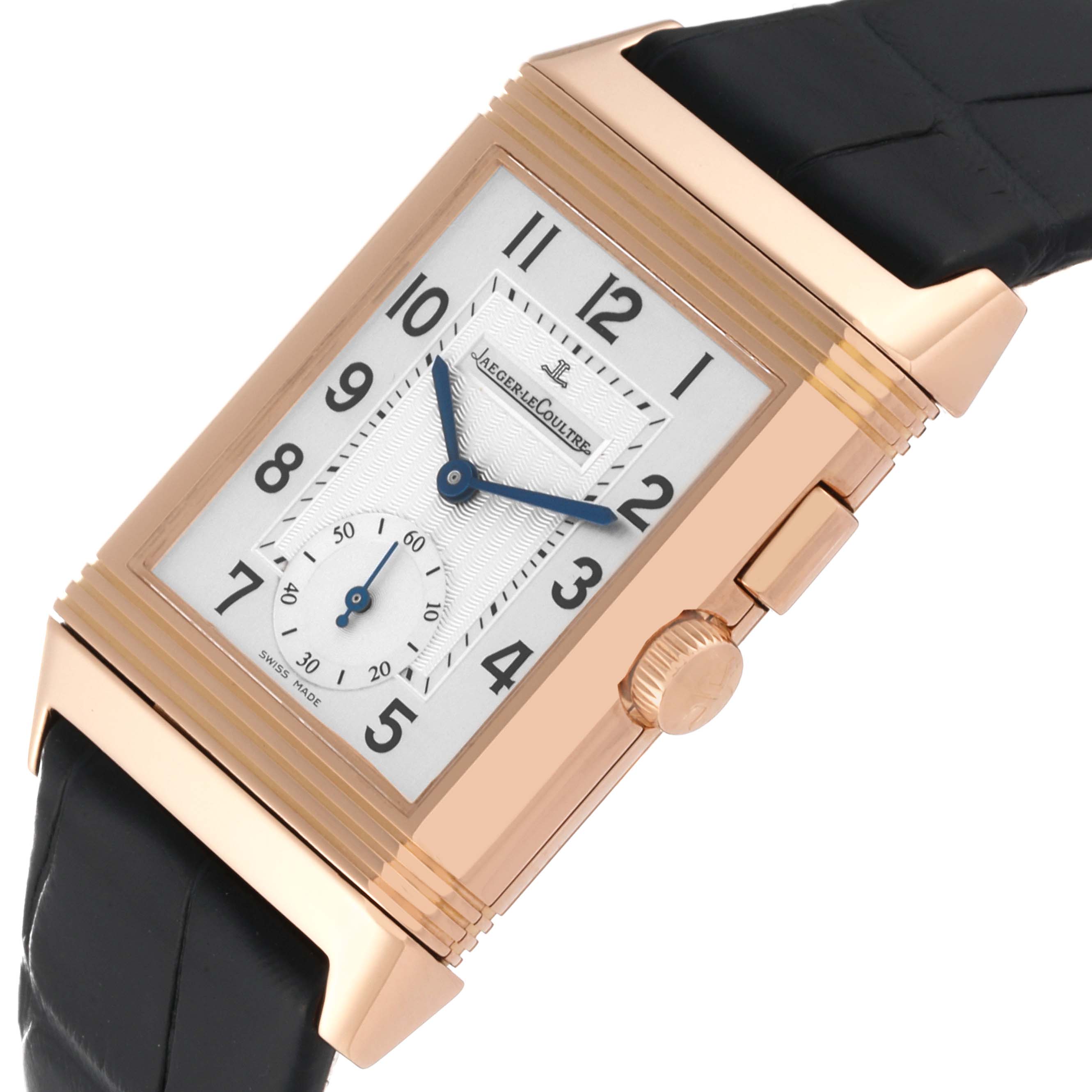 The image shows a close-up, angled view of the Jaeger LeCoultre Reverso Q2712410 Men
s Rose Gold Silver Dial Q2712410 Men
s Rose Gold Silver Dial watch, highlighting the dial, hands, case, and crown.
