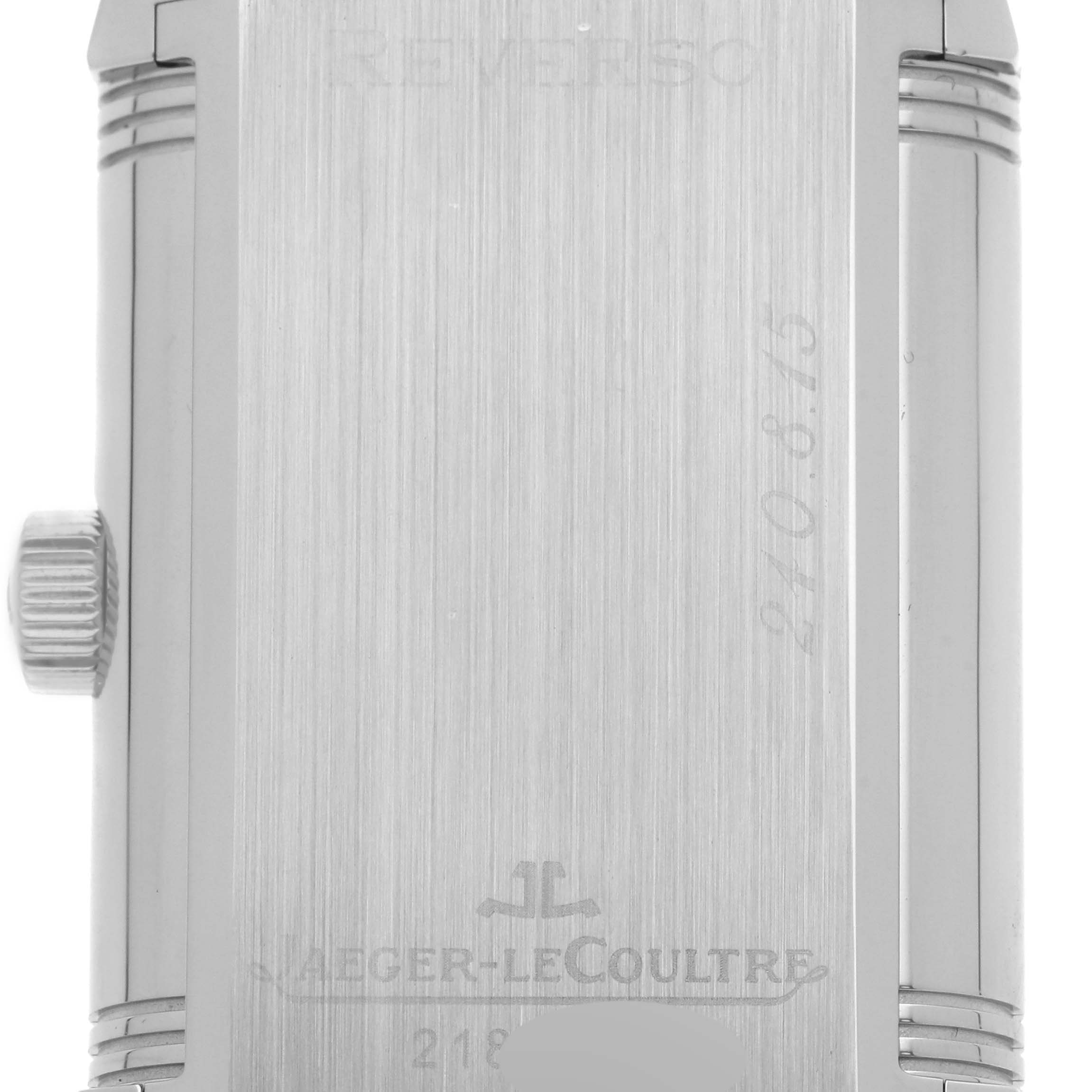 This image shows the back casing, side view, and crown of a Jaeger-LeCoultre Reverso watch.