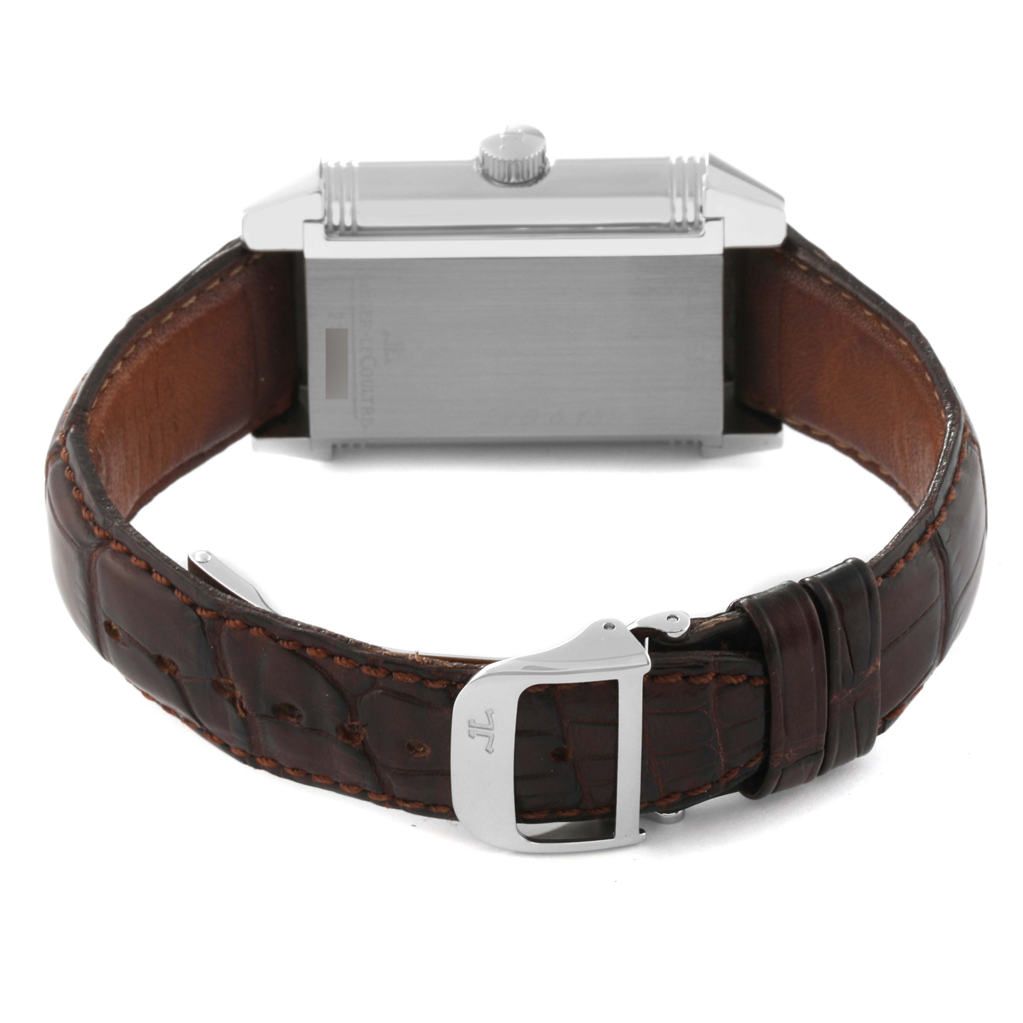 The image shows the back of a Jaeger LeCoultre Reverso Q3008420 Men's Stainless Steel Silver Dial Q3008420 Men's Stainless Steel Silver Dial watch, highlighting its leather strap and buckle.