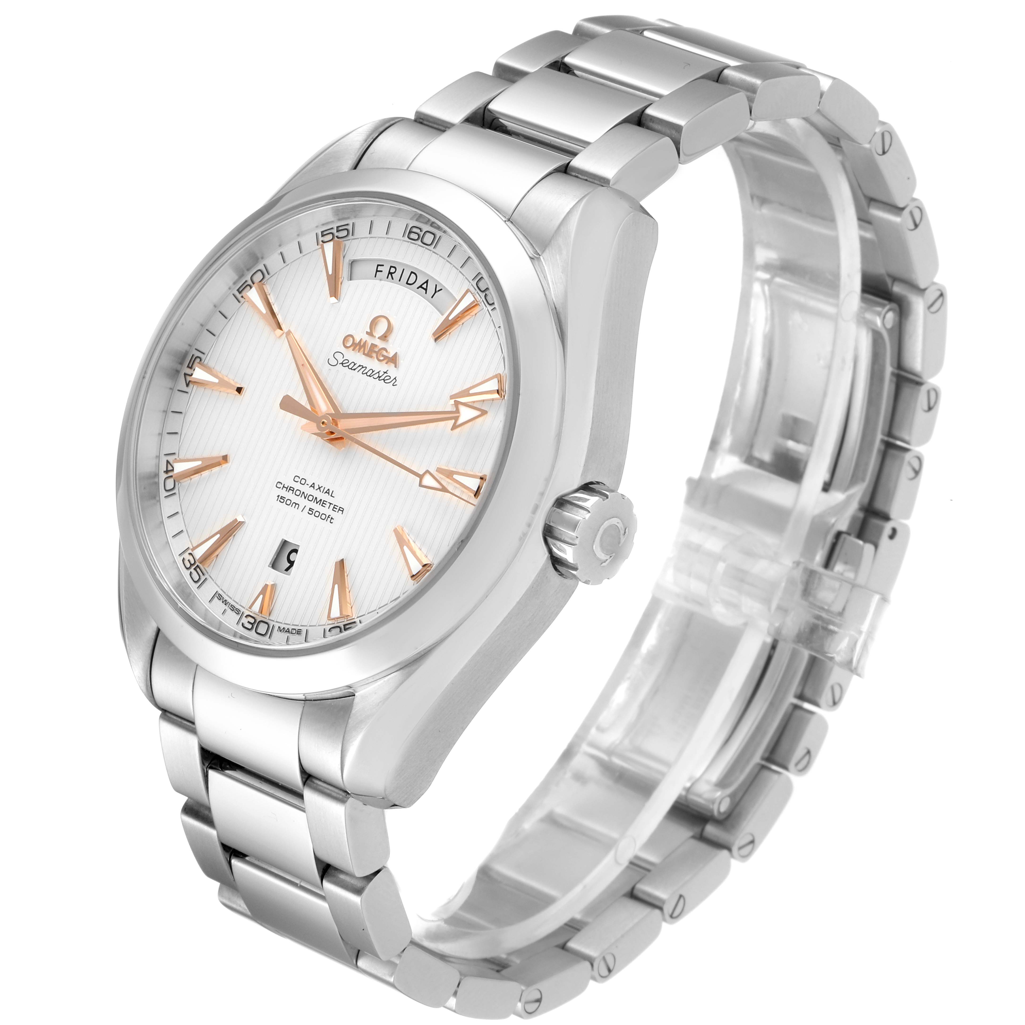 The image shows a side angle view of an Omega Aqua Terra 231.10.42.22.02.001  Men
s Stainless Steel Silver Dial 231.10.42.22.02.001  Men
s Stainless Steel Silver Dial wristwatch displaying its face, bezel, crown, and metal bracelet.