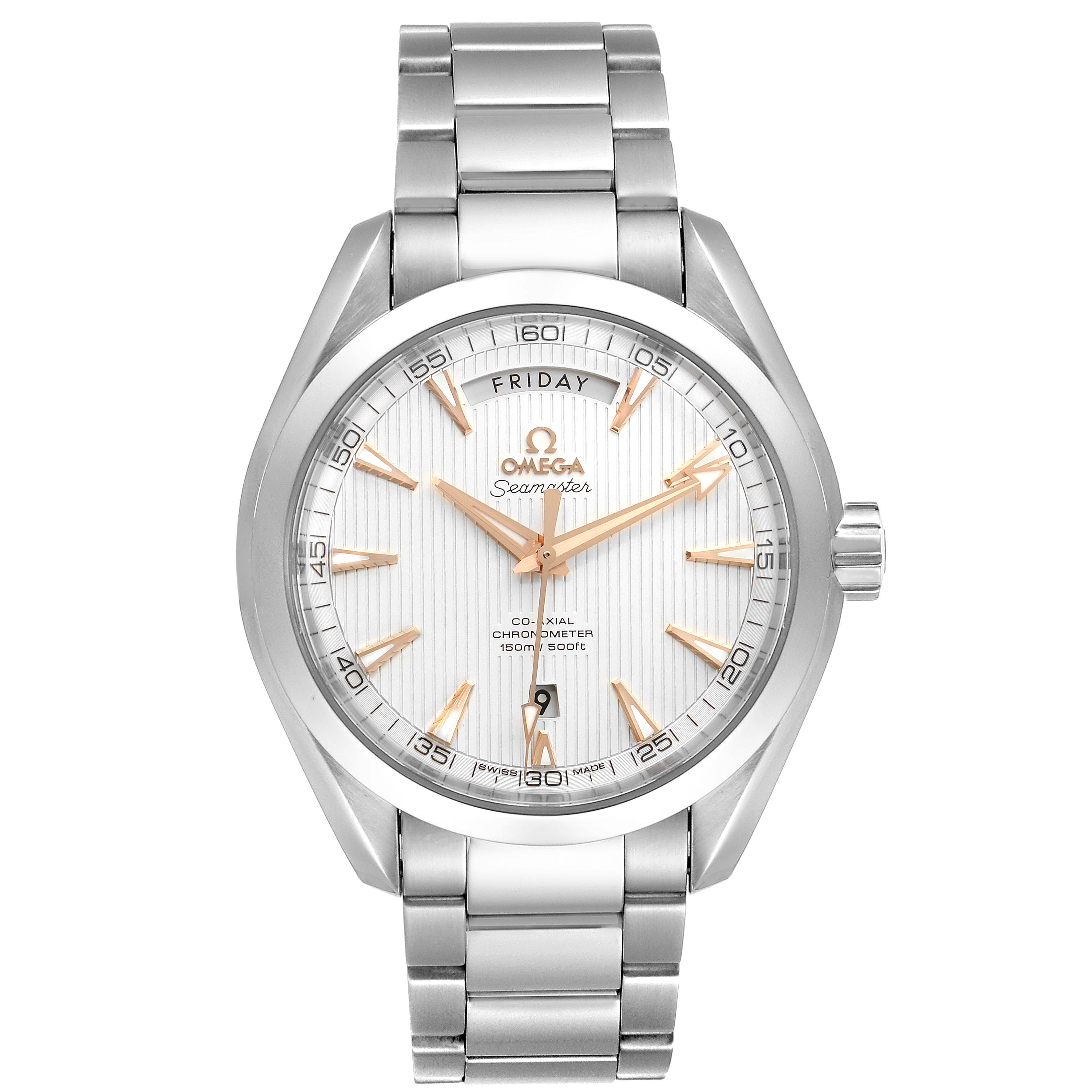 The image shows a front view of the Omega Aqua Terra 231.10.42.22.02.001  Men
s Stainless Steel Silver Dial 231.10.42.22.02.001  Men
s Stainless Steel Silver Dial watch, displaying the dial, bezel, and bracelet.