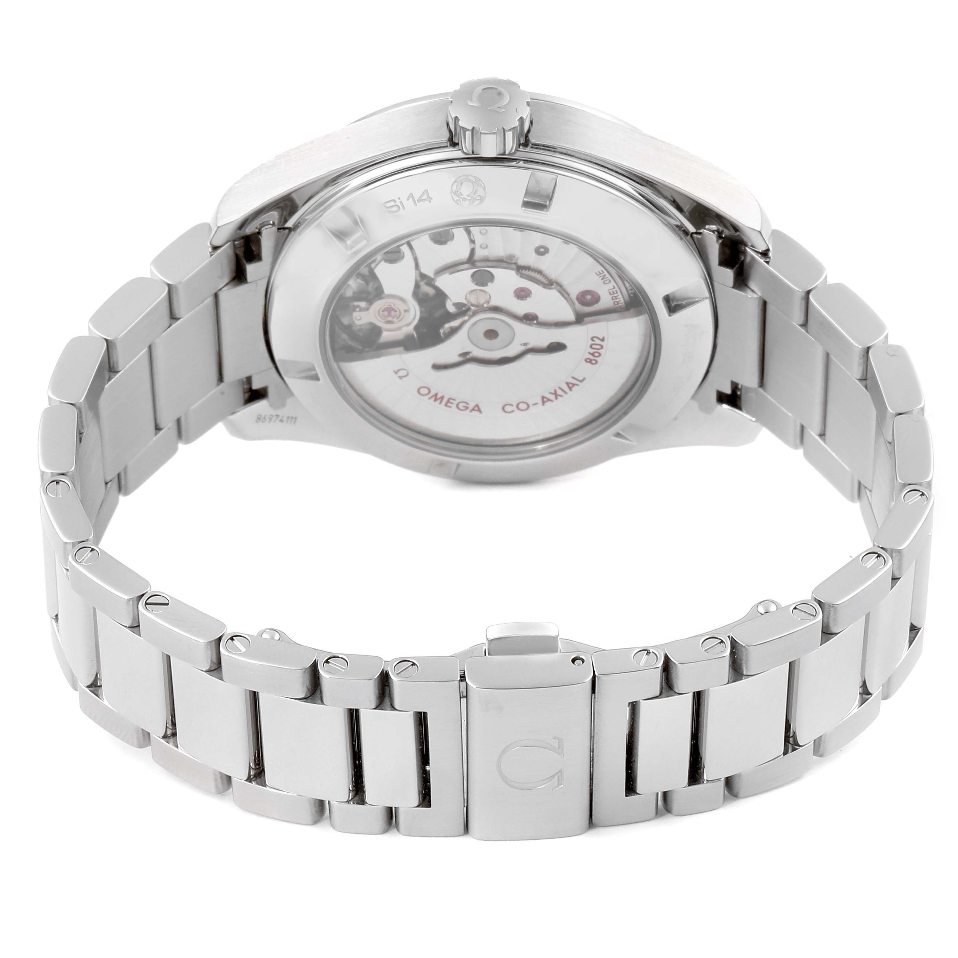 This image shows the rear view of the Omega Aqua Terra 231.10.42.22.02.001  Men
s Stainless Steel Silver Dial 231.10.42.22.02.001  Men
s Stainless Steel Silver Dial watch, highlighting its bracelet and the exhibition case back displaying the movement.